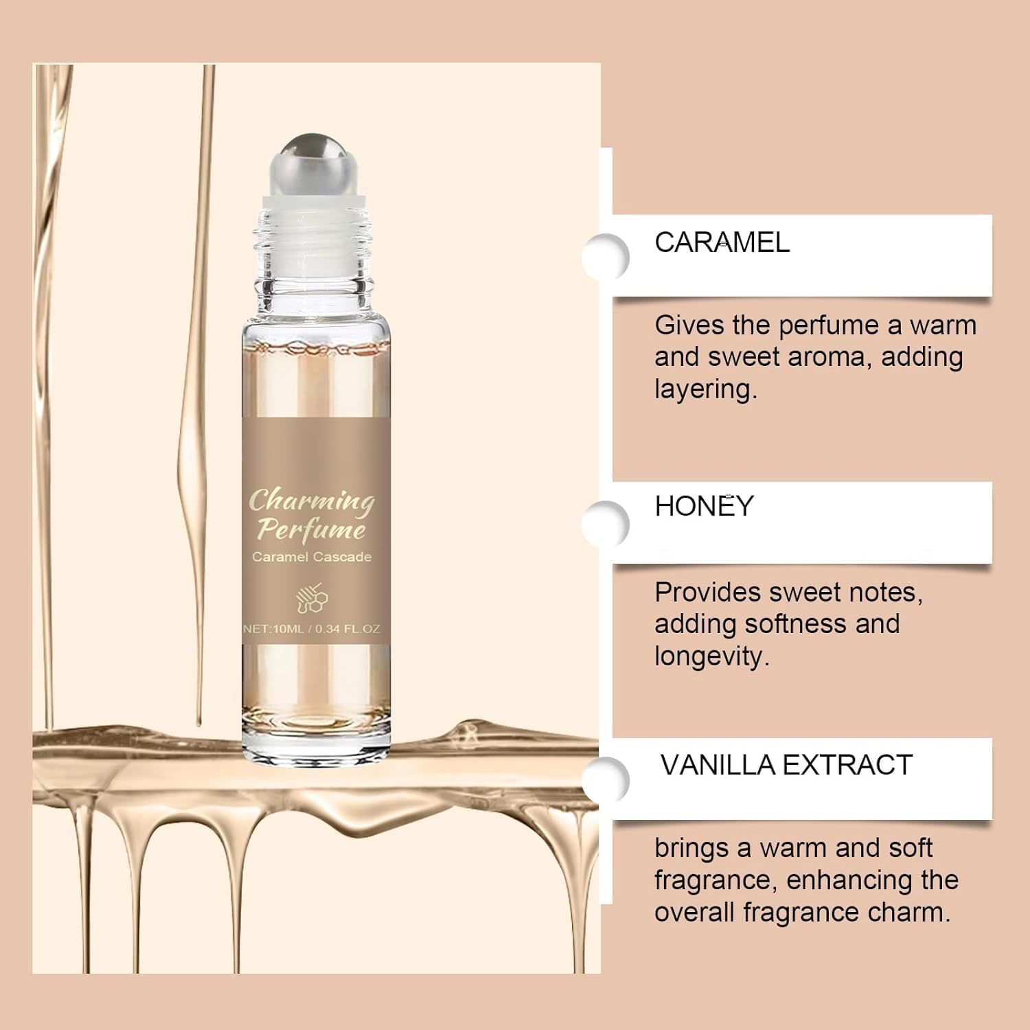 Qianvly Caramel Cascade pheromone fragrance set showing the travel friendly roll on applicator tips.