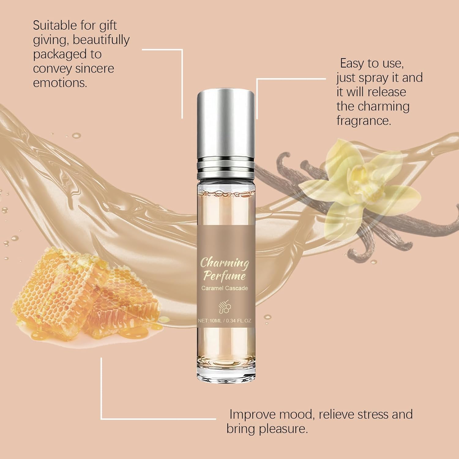 Taskeen Caramel Cascade gourmand perfume for women featuring key scent notes of vanilla and honey.