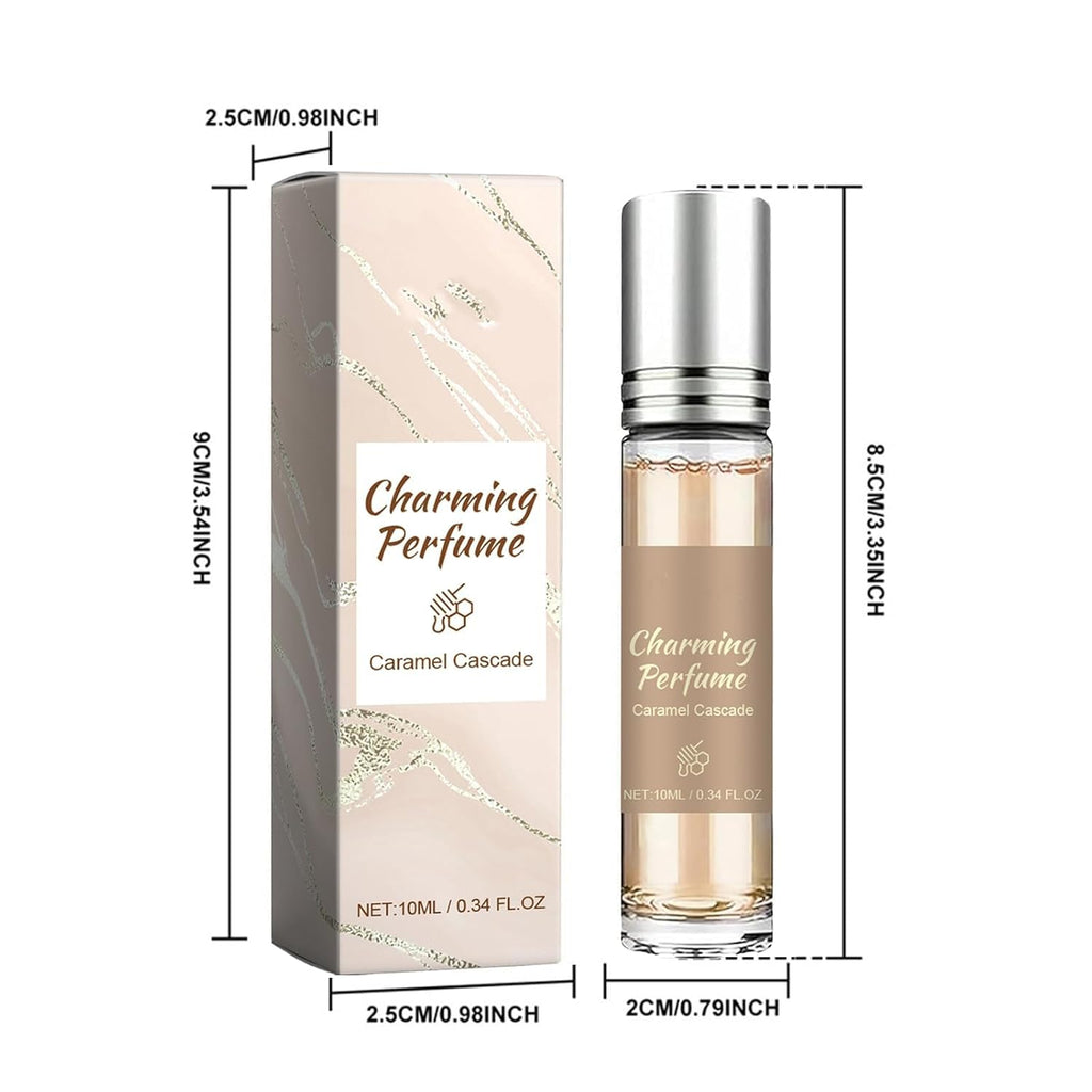 Three pieces of Qianvly Taskeen Caramel Cascade travel size eau de parfum displayed together.
