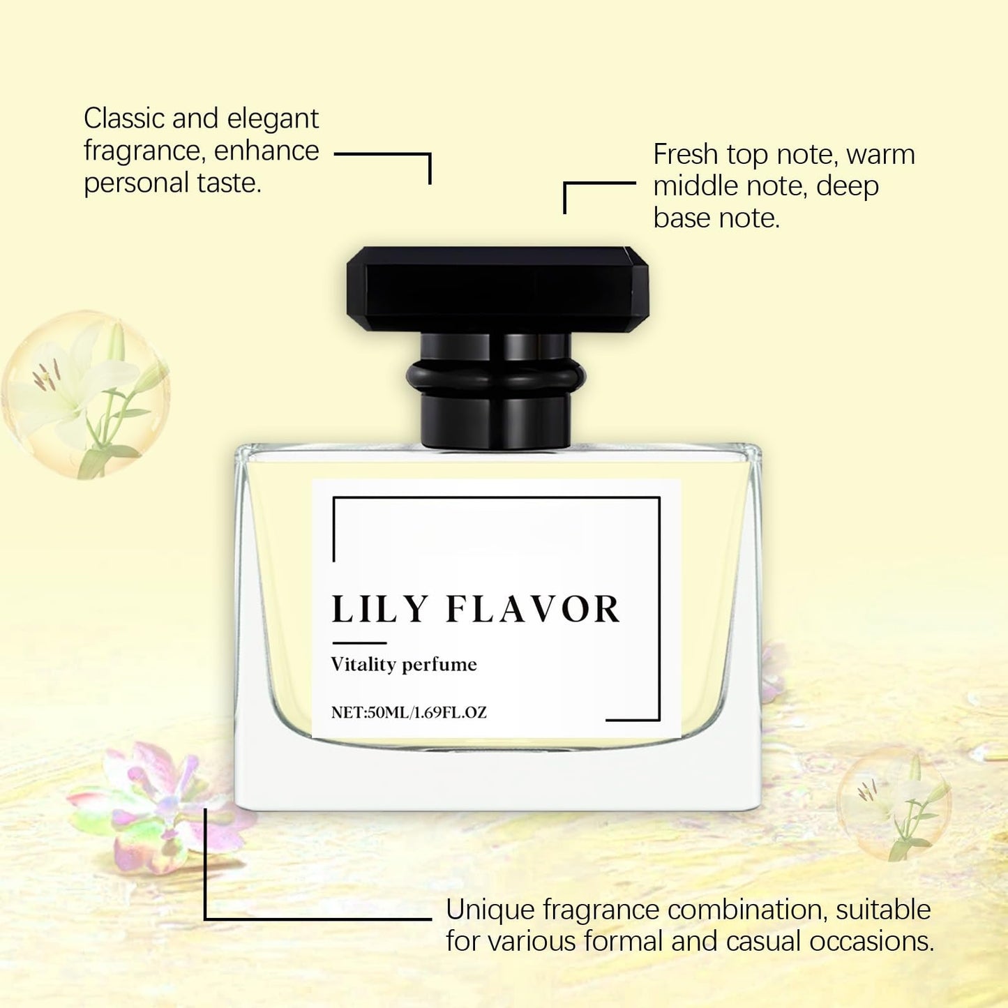Delicate daily wear floral perfume liquid spray showing clear glass design