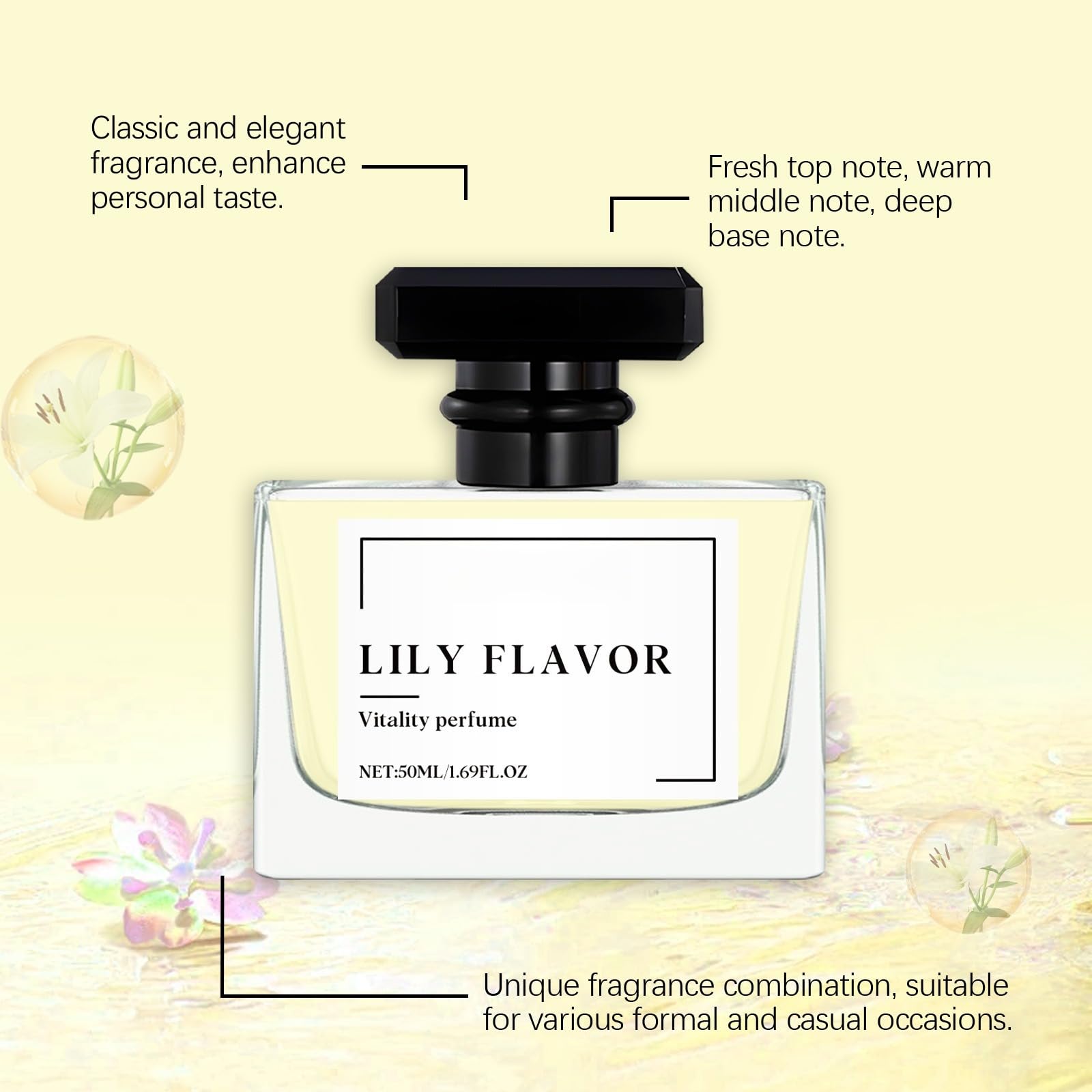 Delicate daily wear floral perfume liquid spray showing clear glass design