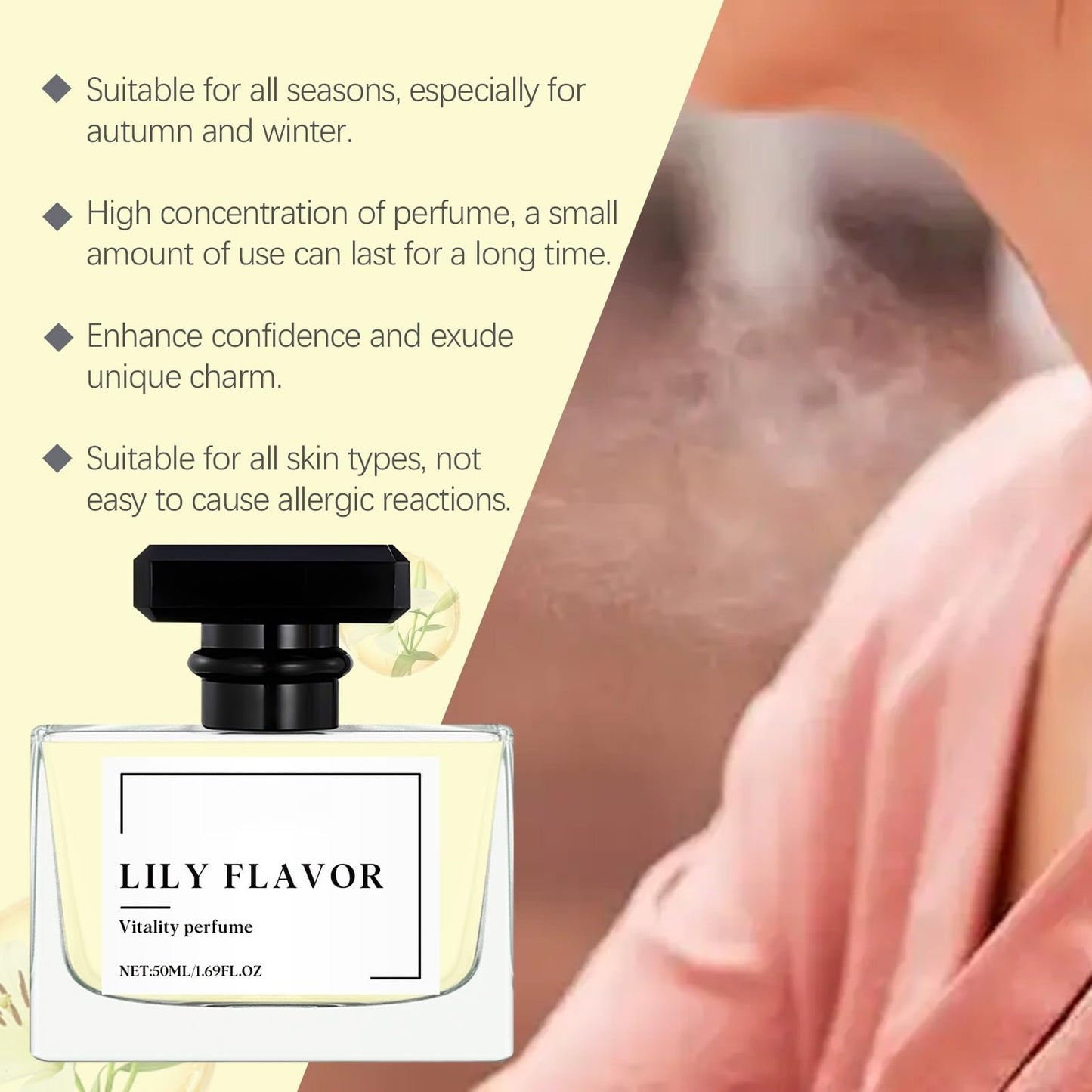 Premium generic lily flavor vitality perfume on a minimalist setup