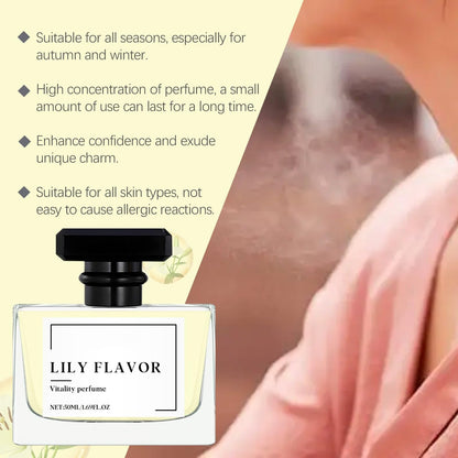 Premium generic lily flavor vitality perfume on a minimalist setup