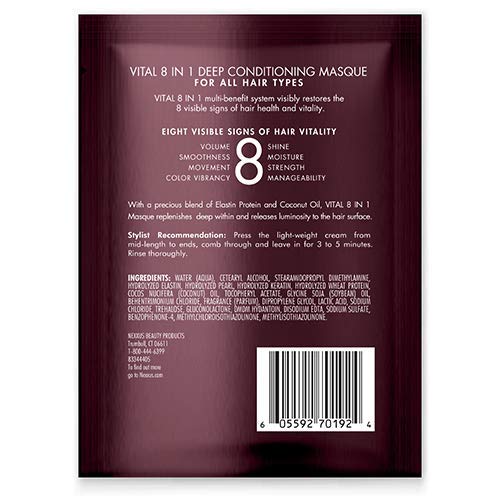Back view of Nexxus New York Salon Care travel size hair mask packet showing directions and protein fusion ingredients.