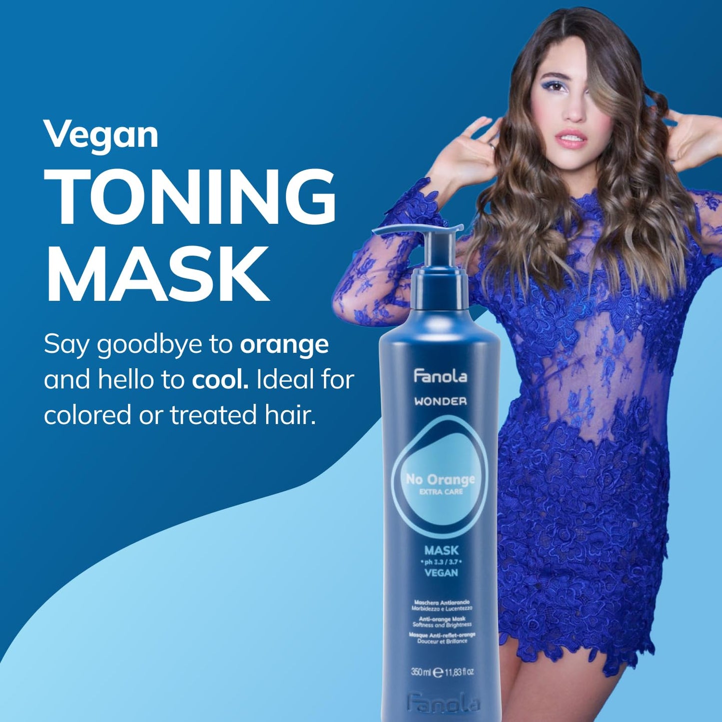 Fanola anti orange blue toning mask back label showing vegan formula and usage instructions