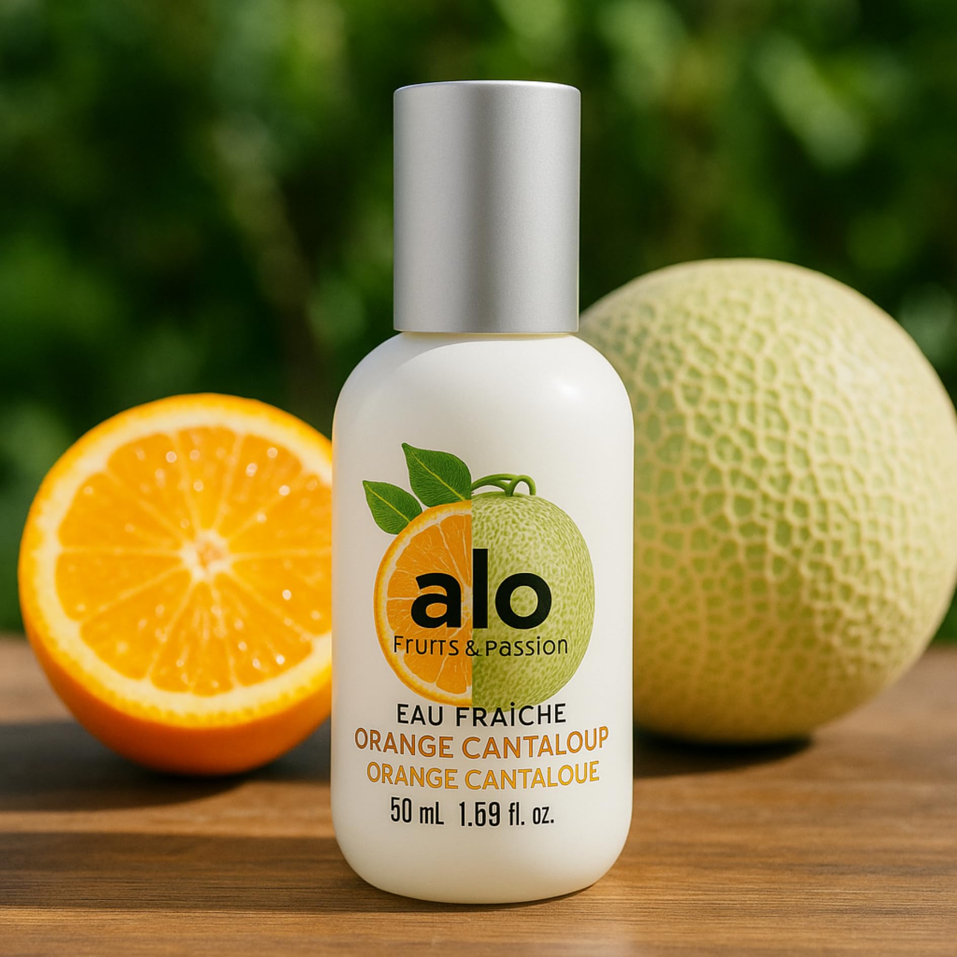 Authentic Fruits and Passion citrus melon fragrance spray bottle close-up displaying the cruelty-free and plant-origin alcohol badges.