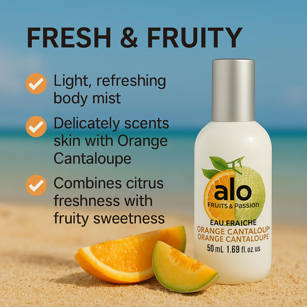 Fruits and Passion Alo Orange Cantaloupe mist bottle showcasing instructions and ingredients list for conscious consumers.