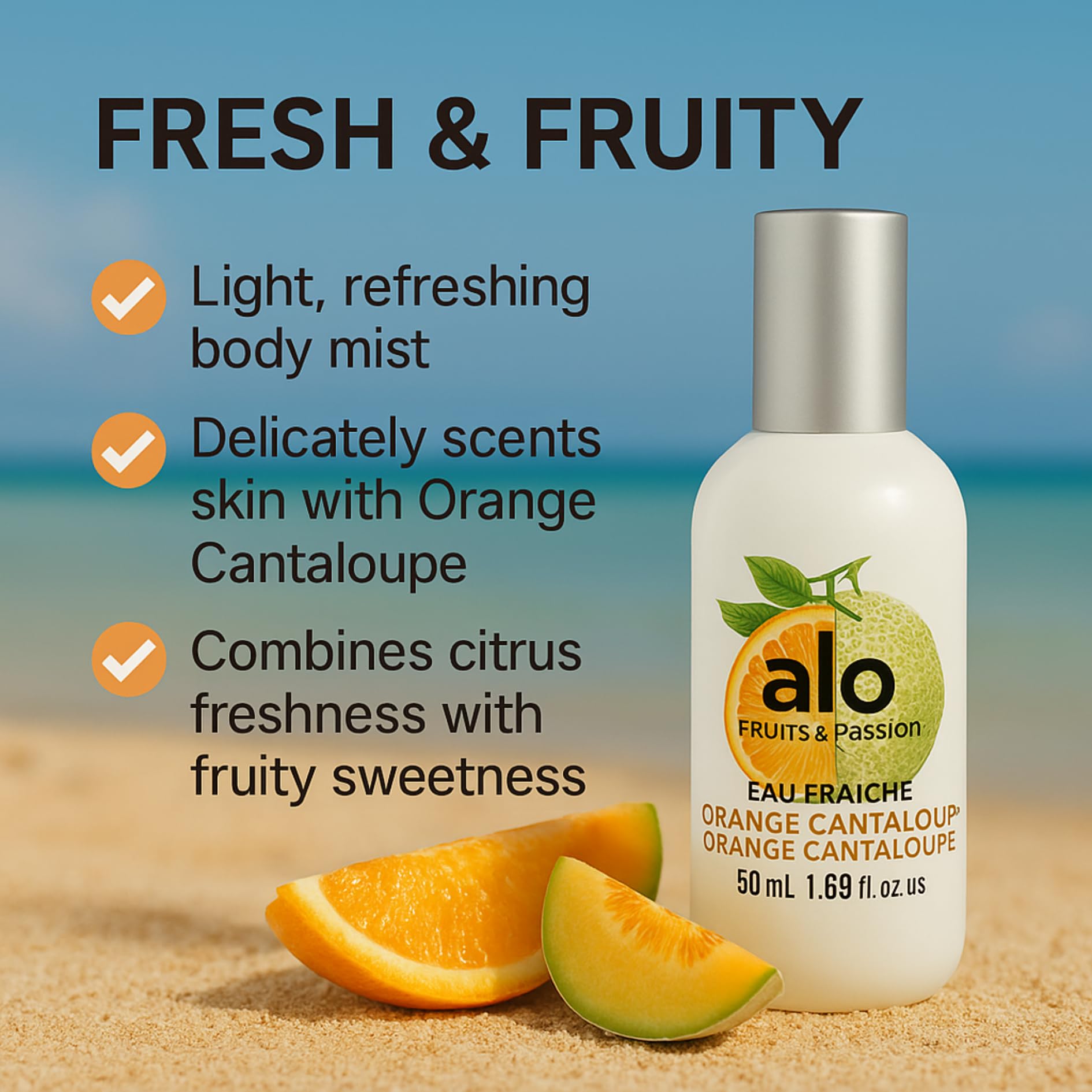 Fruits and Passion Alo Orange Cantaloupe mist bottle showcasing instructions and ingredients list for conscious consumers.