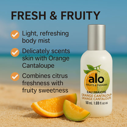 Fruits and Passion Alo Orange Cantaloupe mist bottle showcasing instructions and ingredients list for conscious consumers.