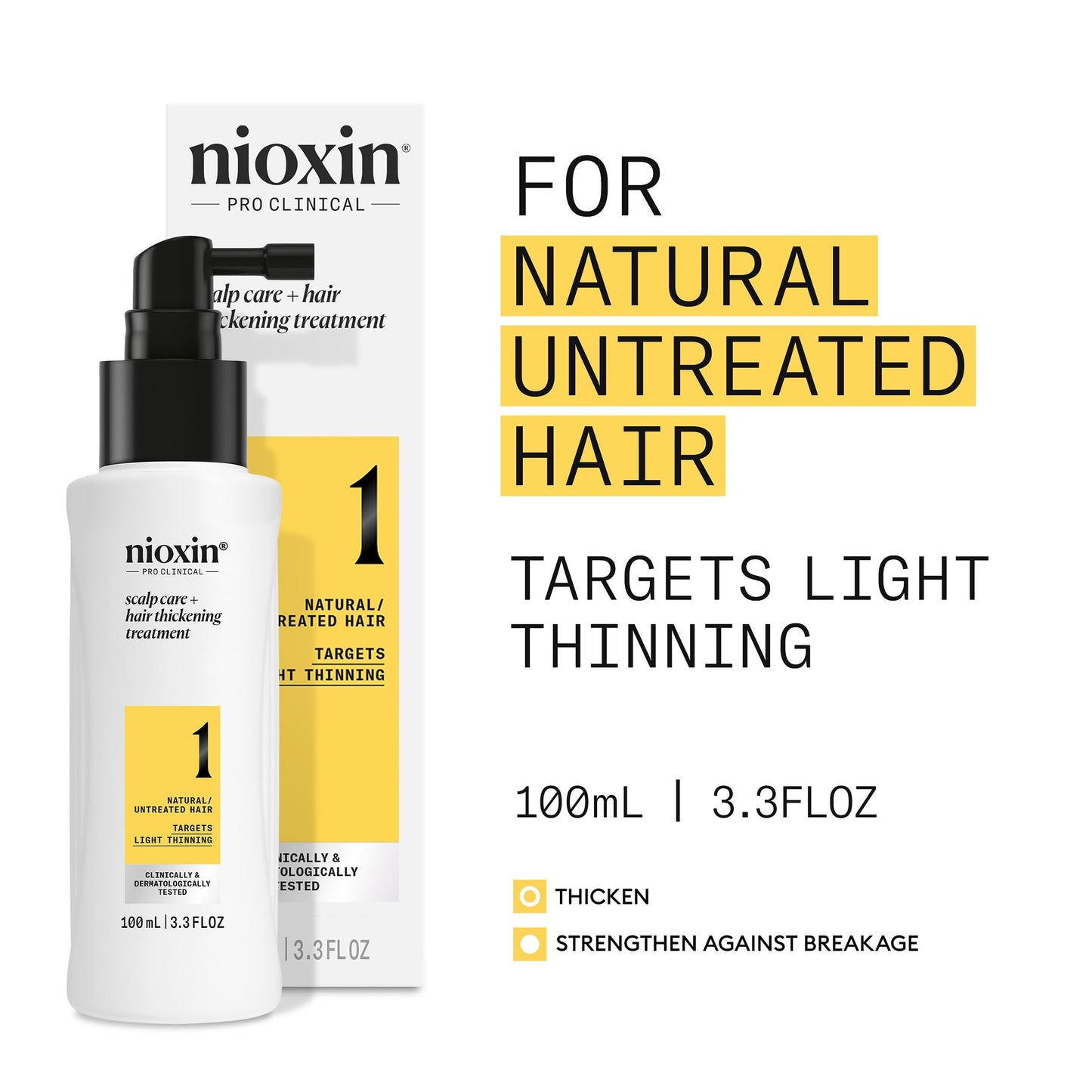 Close up of Nioxin System 1 hair thickness treatment bottle showcasing pump dispenser application