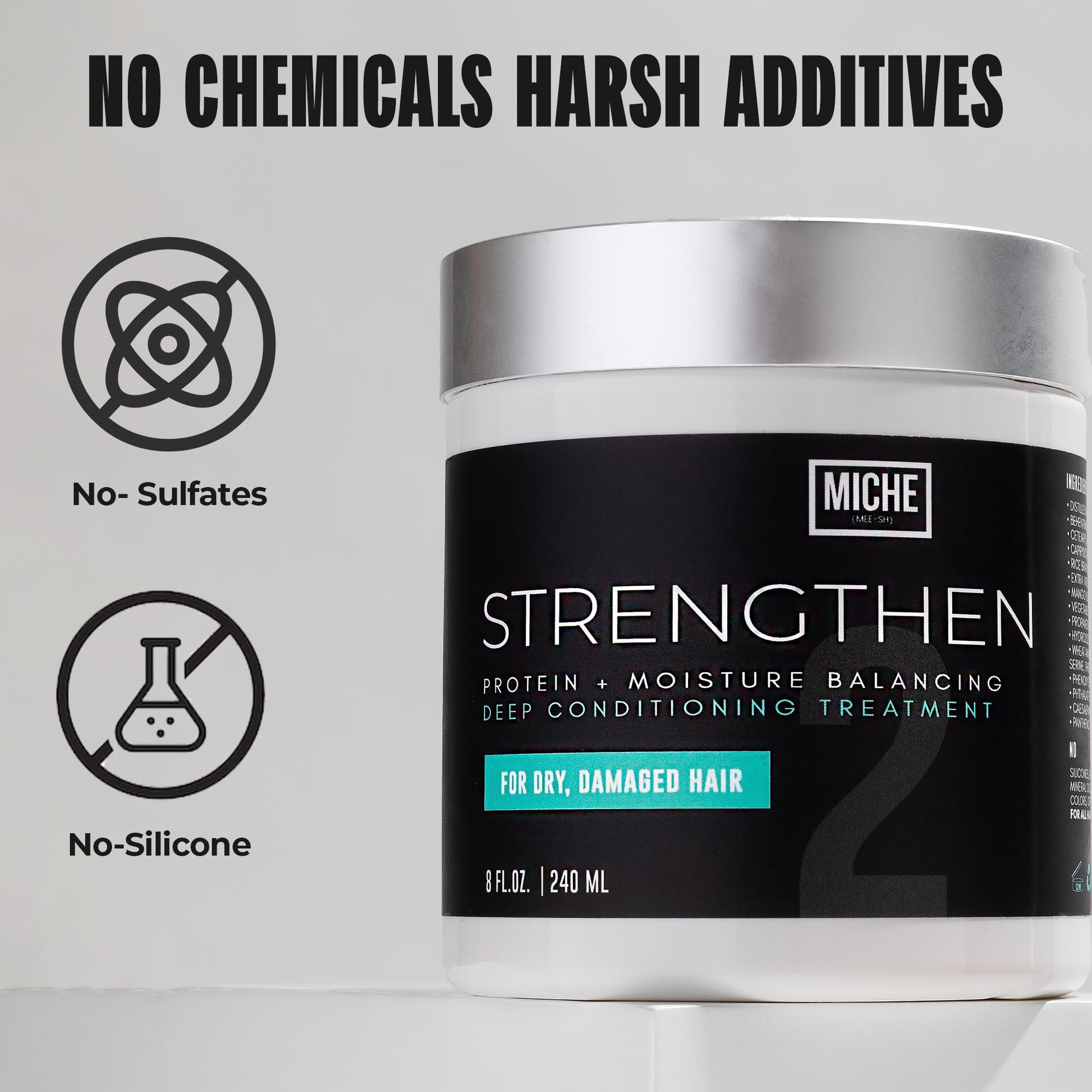 Miche Beauty Strengthen Protein Deep Conditioner open jar displaying paraben free formula