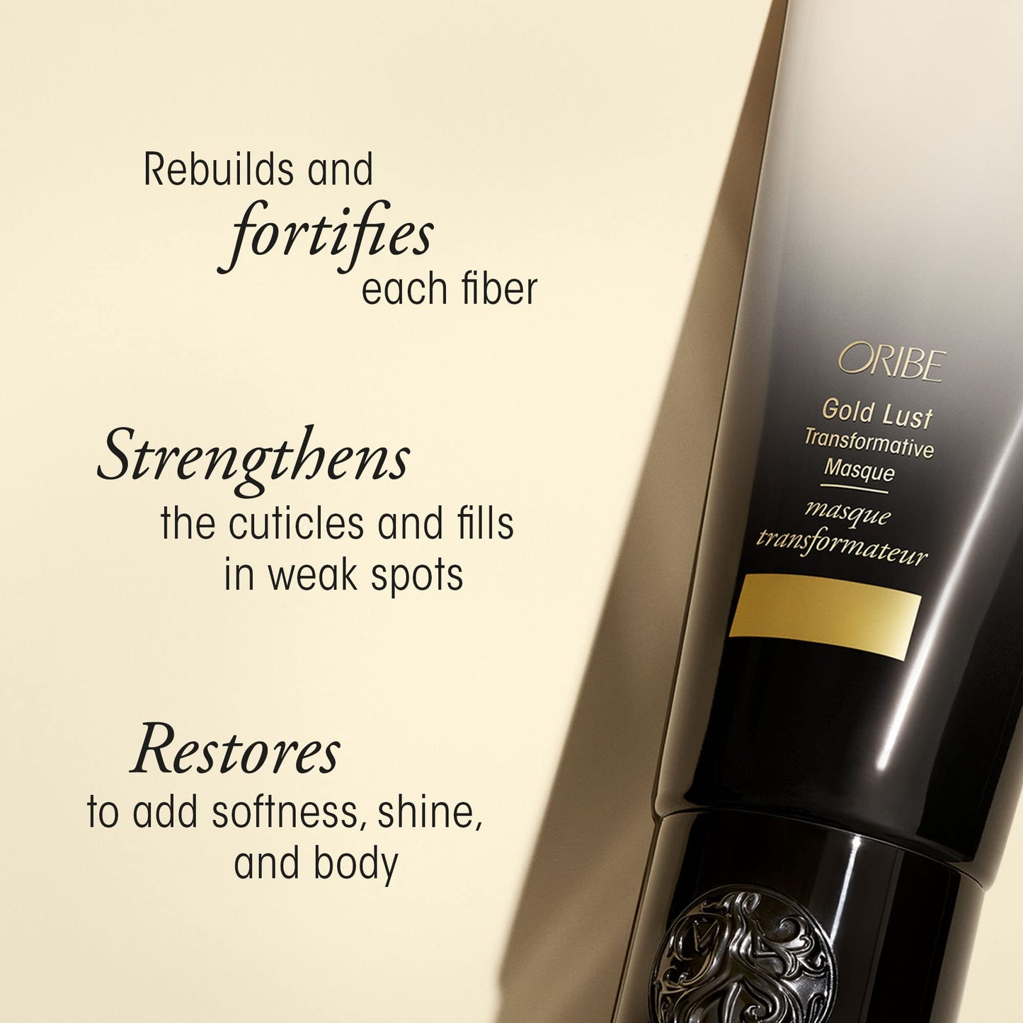 Back label of Oribe Gold Lust Transformative Masque showcasing ingredients and usage directions