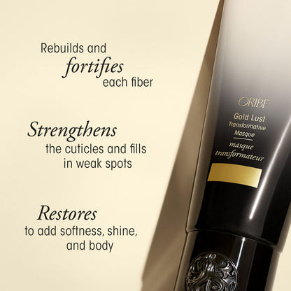 Back label of Oribe Gold Lust Transformative Masque showcasing ingredients and usage directions