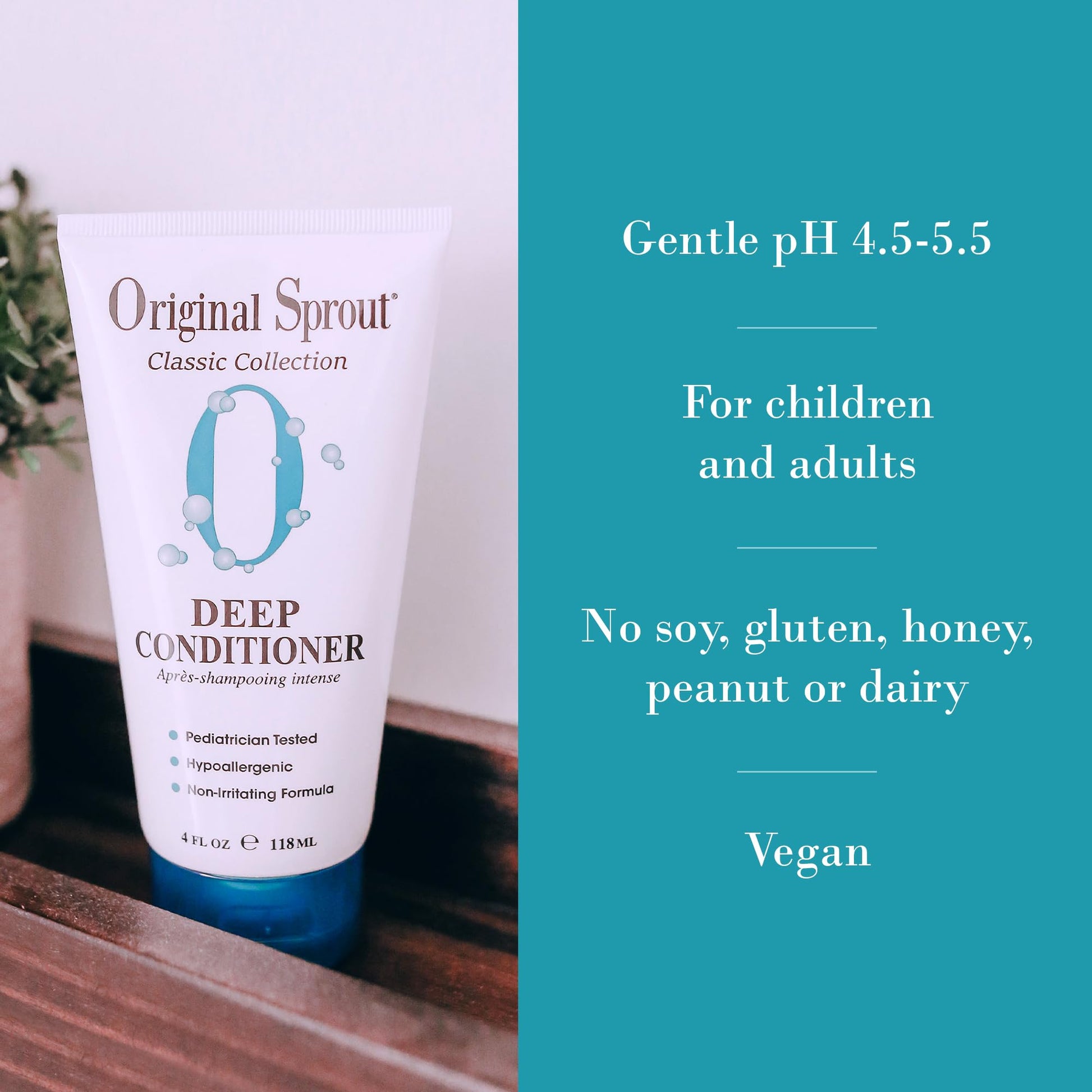 Close-up of the 12 Fluid Ounce Original Sprout hypoallergenic conditioner bottle for babies and adults.