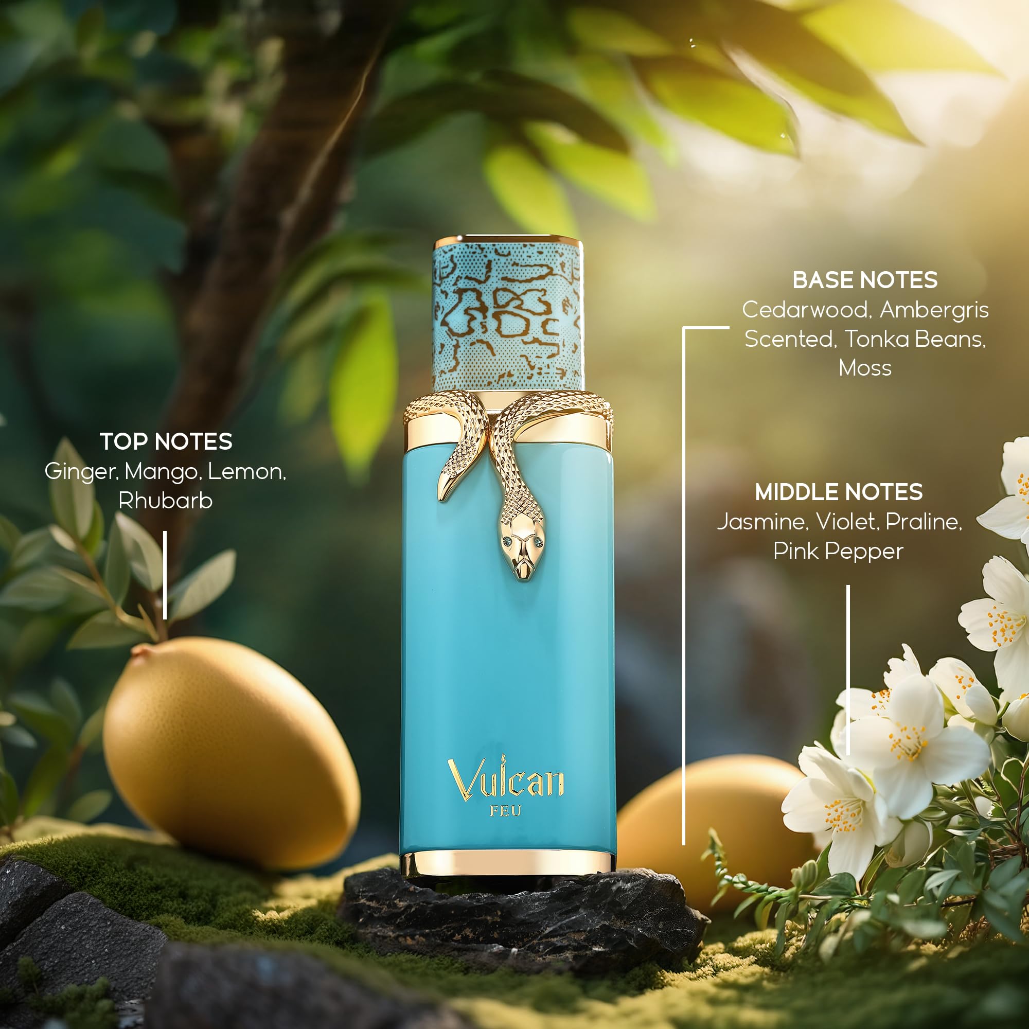 French Avenue Vulcan Feu 100ml perfume container highlighting the distinctive gold serpent emblem on the textured blue glass