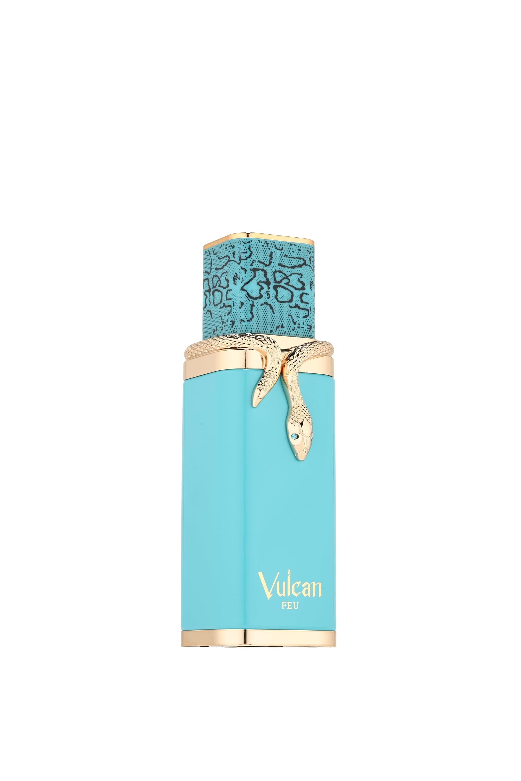 Side profile of Fragrance World Vulcan Feu EDP unisex luxury perfume packaging and authentic glass spray bottle