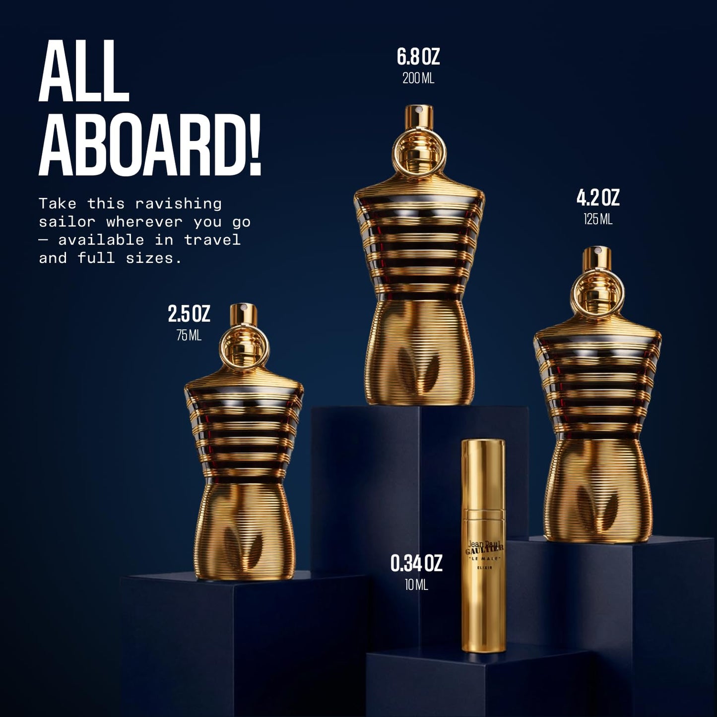 Back angle of the iconic copper musculature torso bottle of Jean Paul Gaultier Le Male Elixir