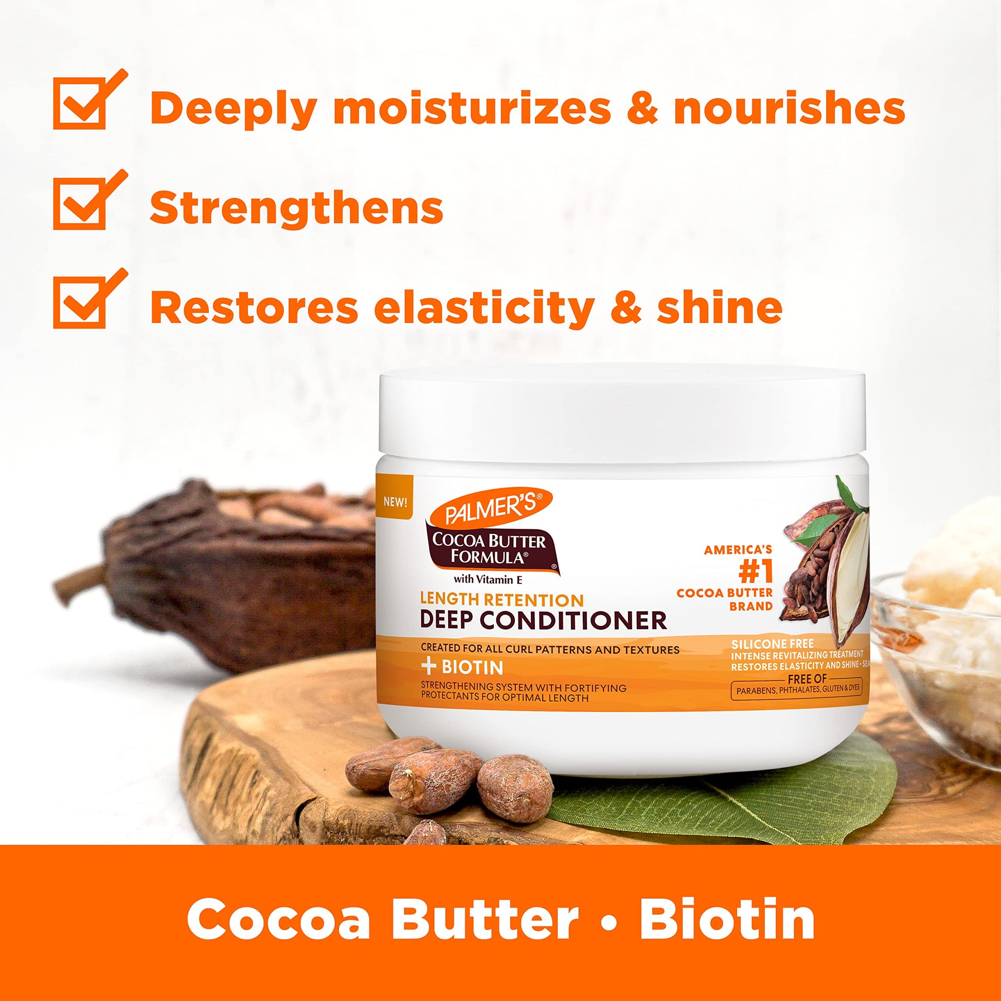 Back label of Palmer's 12 Ounce Cocoa Butter deep conditioner with directions and ingredient list.