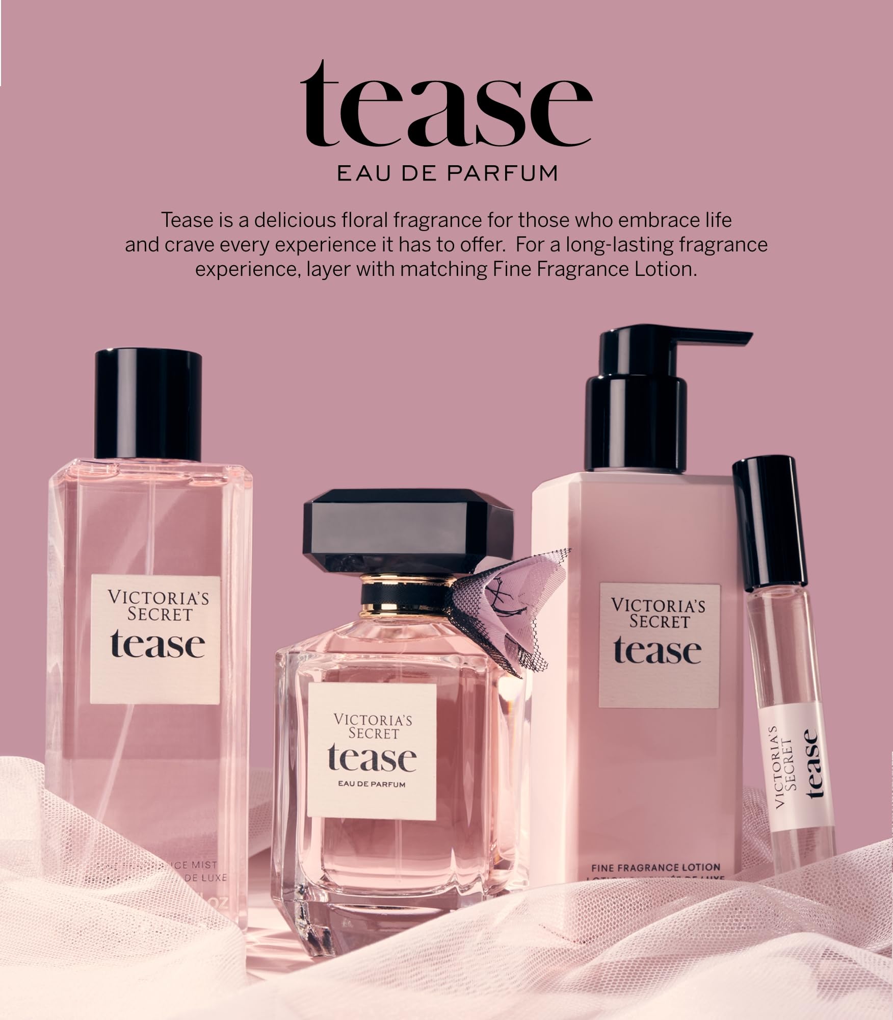 Side profile of authentic Victoria's Secret Tease 100.6 milliliters liquid perfume bottle.