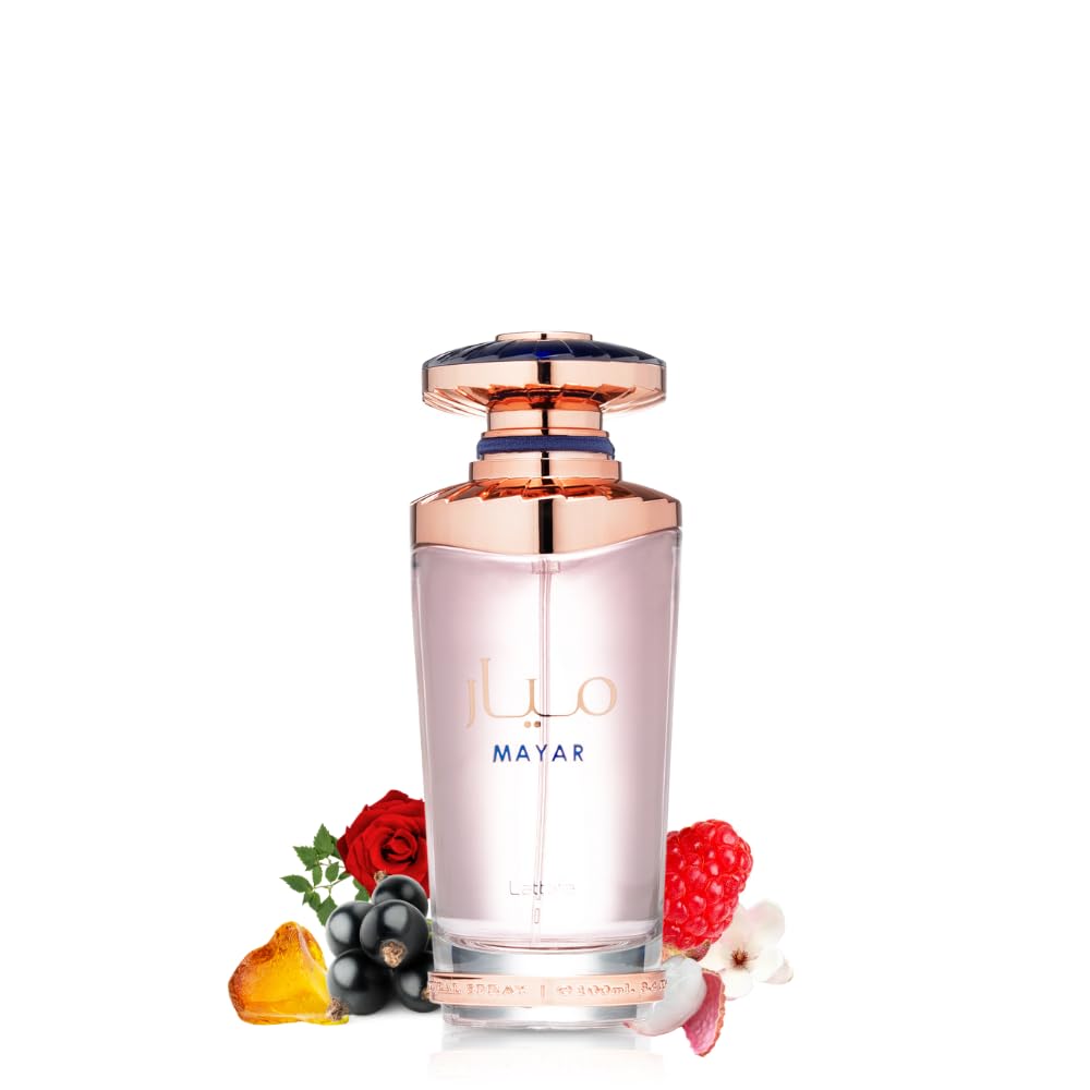 Lattafa Mayar luxury Arabic perfume bottle with elegant rose gold structured cap