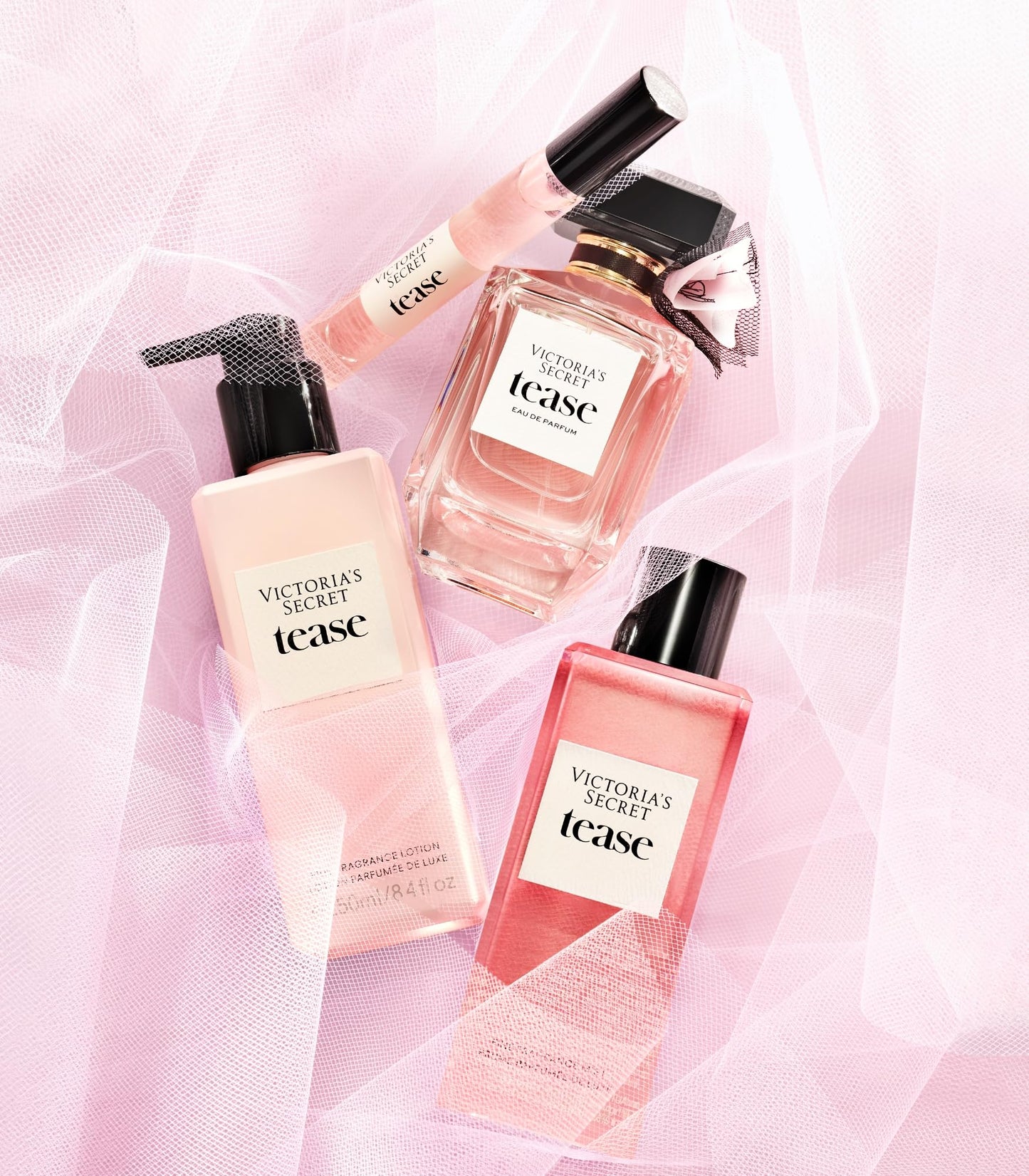 Victoria's Secret Tease premium imported women's fragrance display on a vanity top.