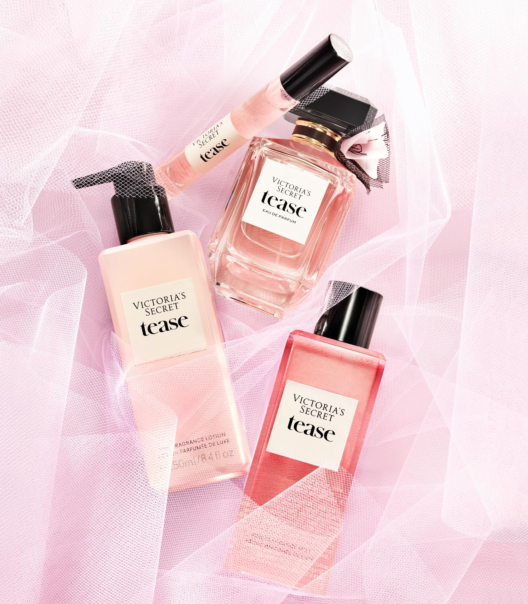 Victoria's Secret Tease premium imported women's fragrance display on a vanity top.
