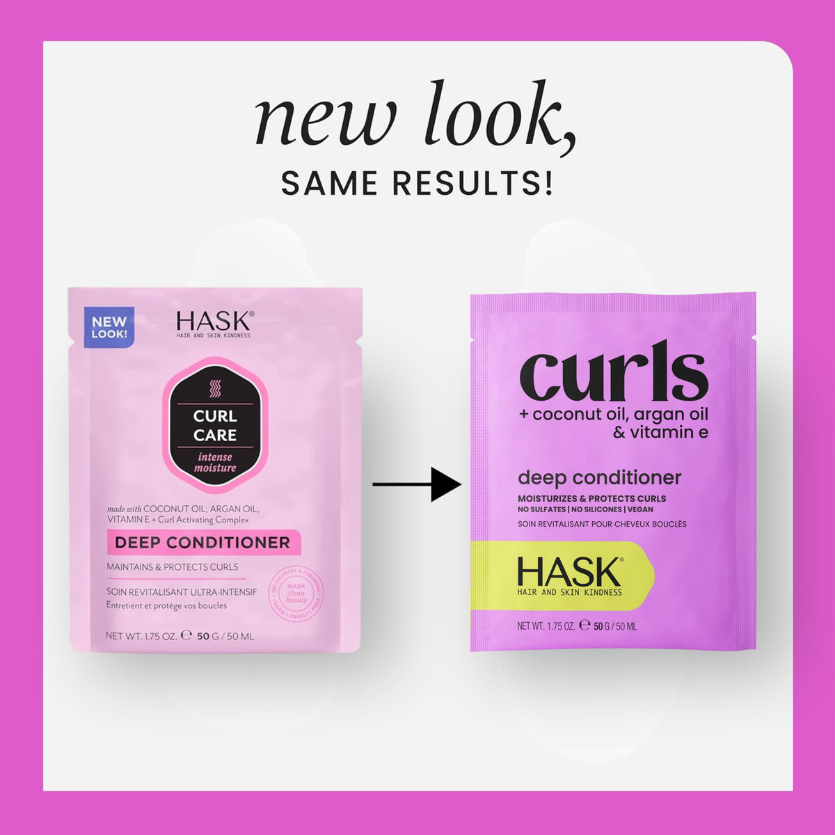 Hask Curl Care Deep Conditioner sachet back view displaying usage instructions and details.