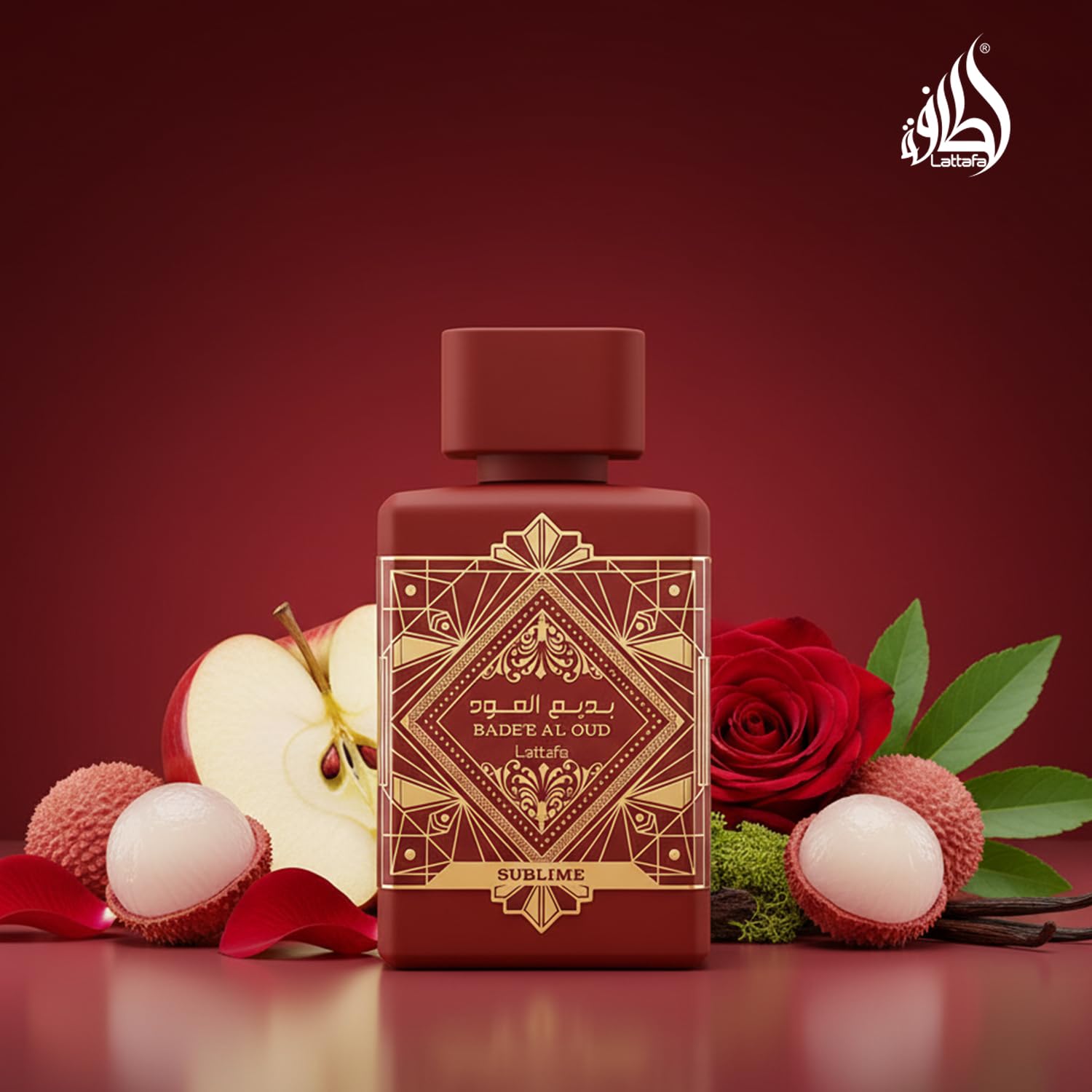 Lattafa luxury woody aromatic perfume packaging on a clean display surface.