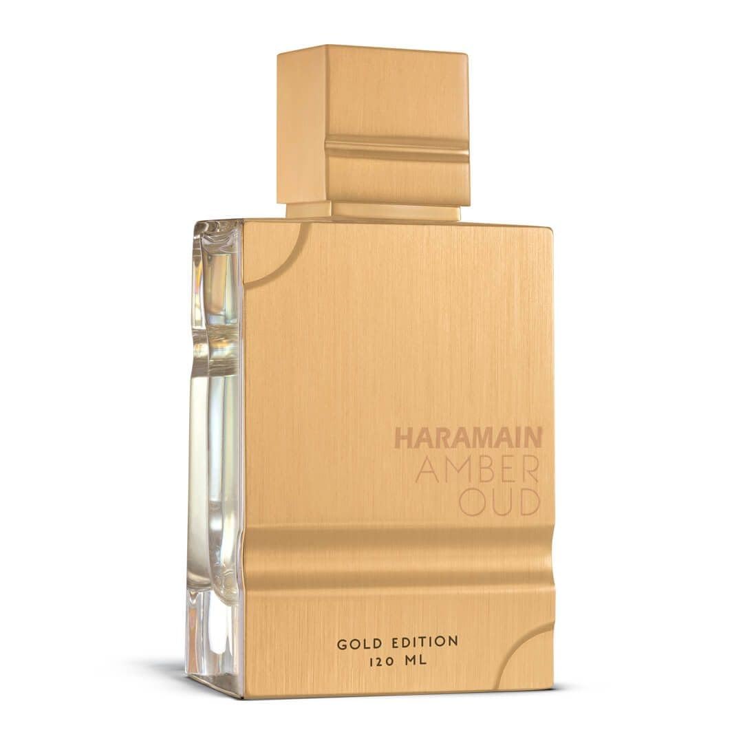 Arabian luxury unisex perfume Al Haramain Gold Edition showcasing its metallic golden flacon design