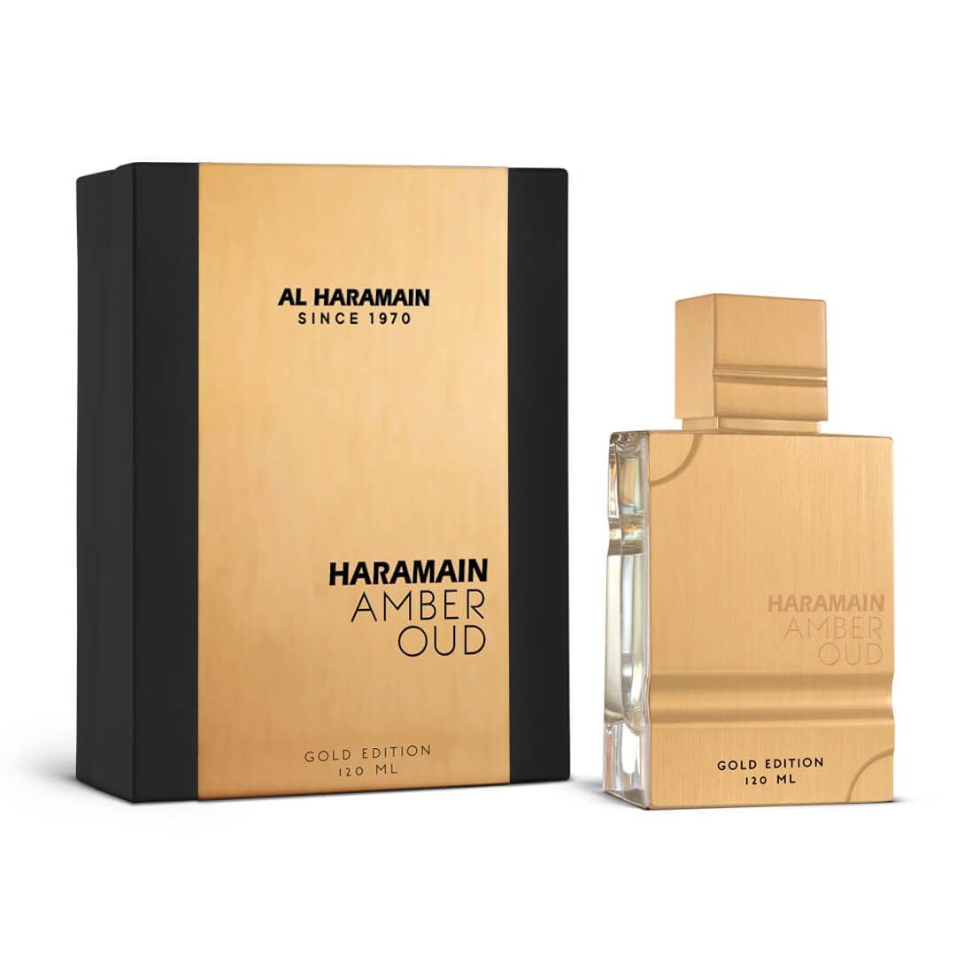 Side profile of Al Haramain Amber Oud Gold Edition premium Arabian perfume flacon