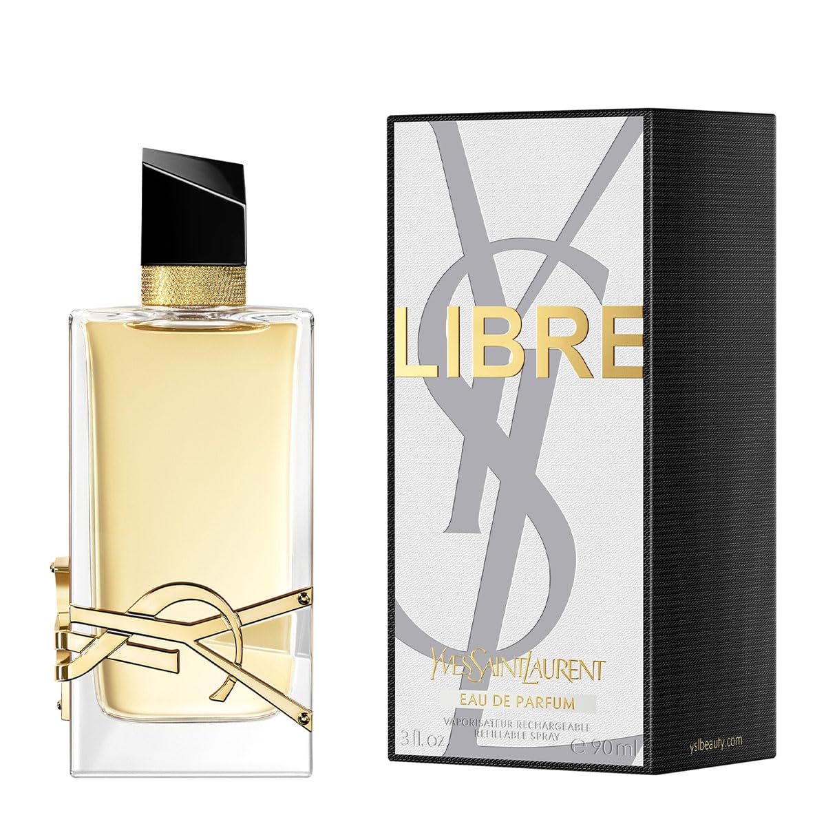 YSL Libre perfume for women luxury glass bottle showing the golden liquid inside.