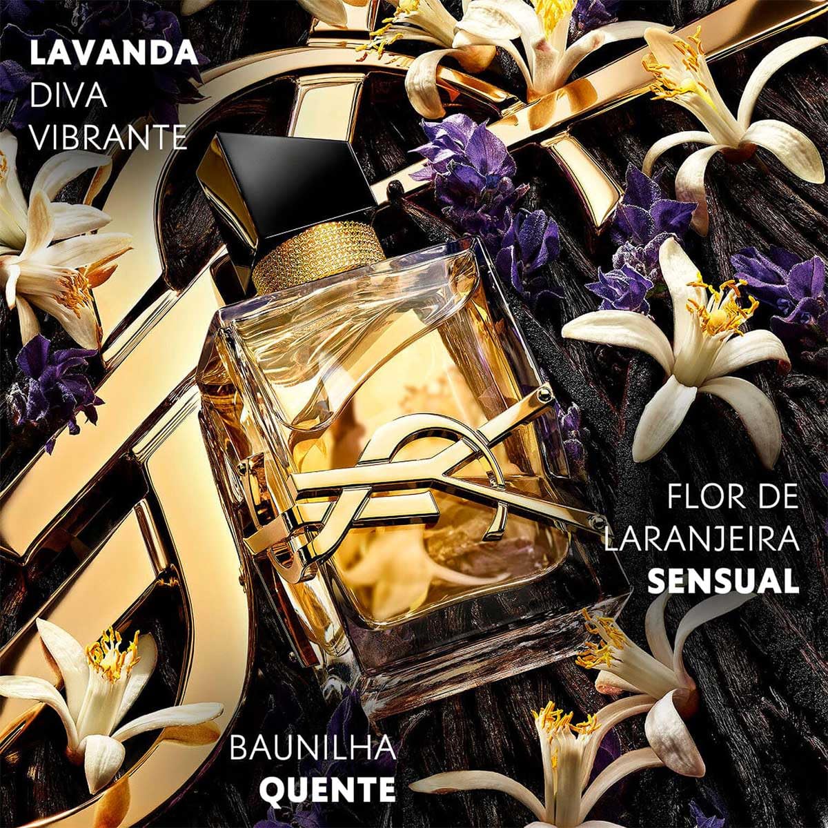 Side profile of Yves Saint Laurent Libre Eau de Parfum spray displaying the iconic asymmetric black cap.