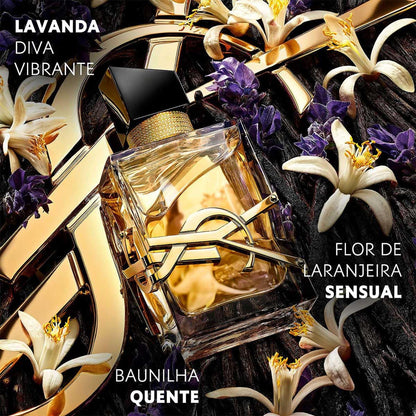 Side profile of Yves Saint Laurent Libre Eau de Parfum spray displaying the iconic asymmetric black cap.