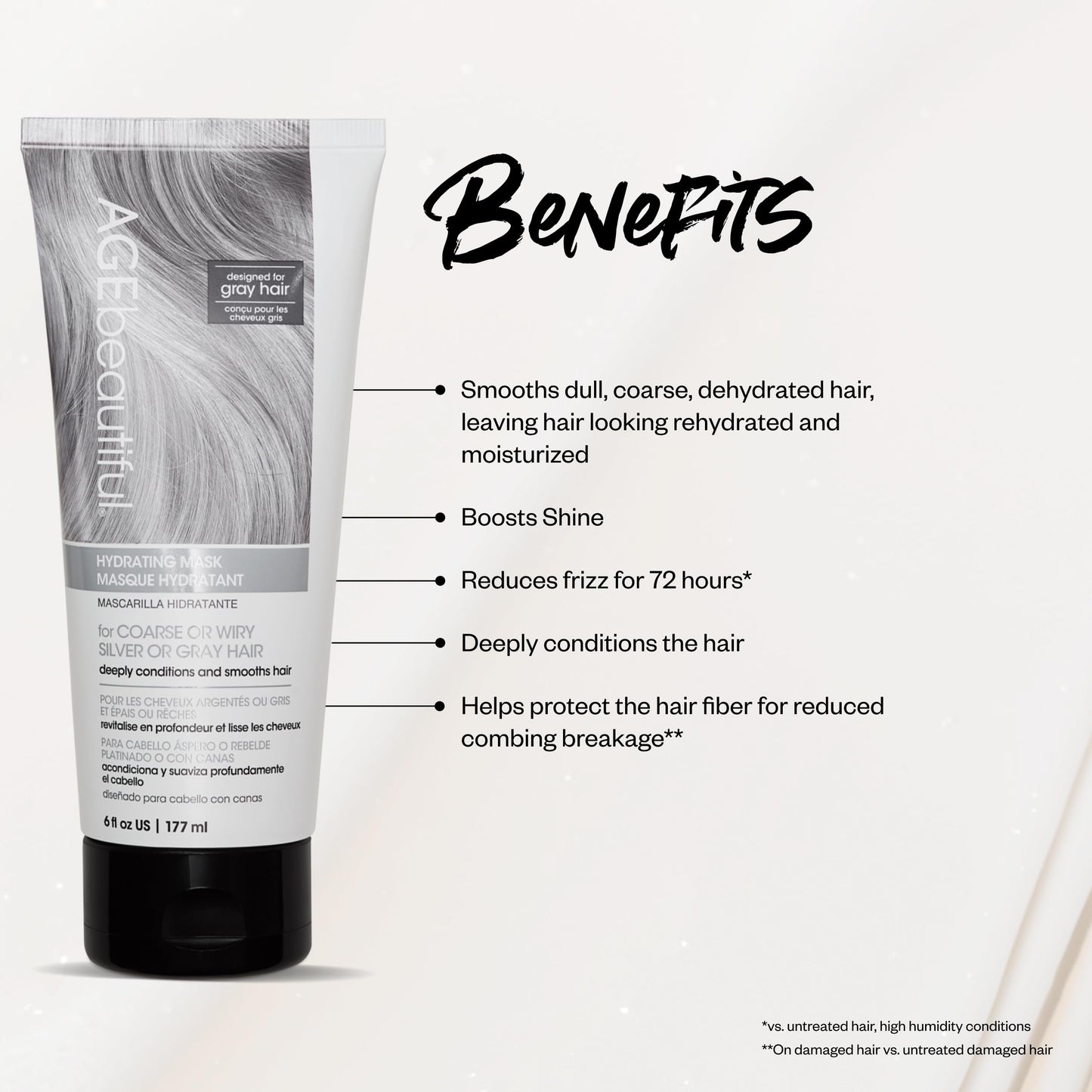 Back label of AGEbeautiful deep conditioner showing instructions for coarse and wiry silver hair