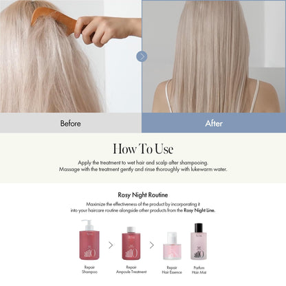 Anillo floral musk scented hair treatment bottle showing back label instructions and volume details.