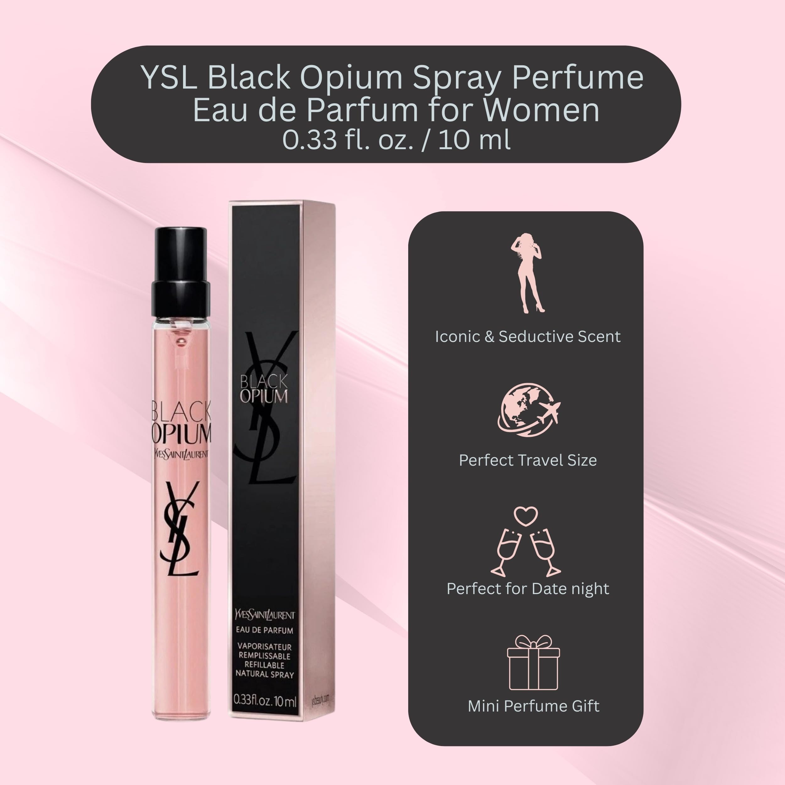 YSL Black Opium 0.33 ounce travel perfume spray cylinder container placed vertically.