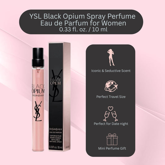 YSL Black Opium 0.33 ounce travel perfume spray cylinder container placed vertically.