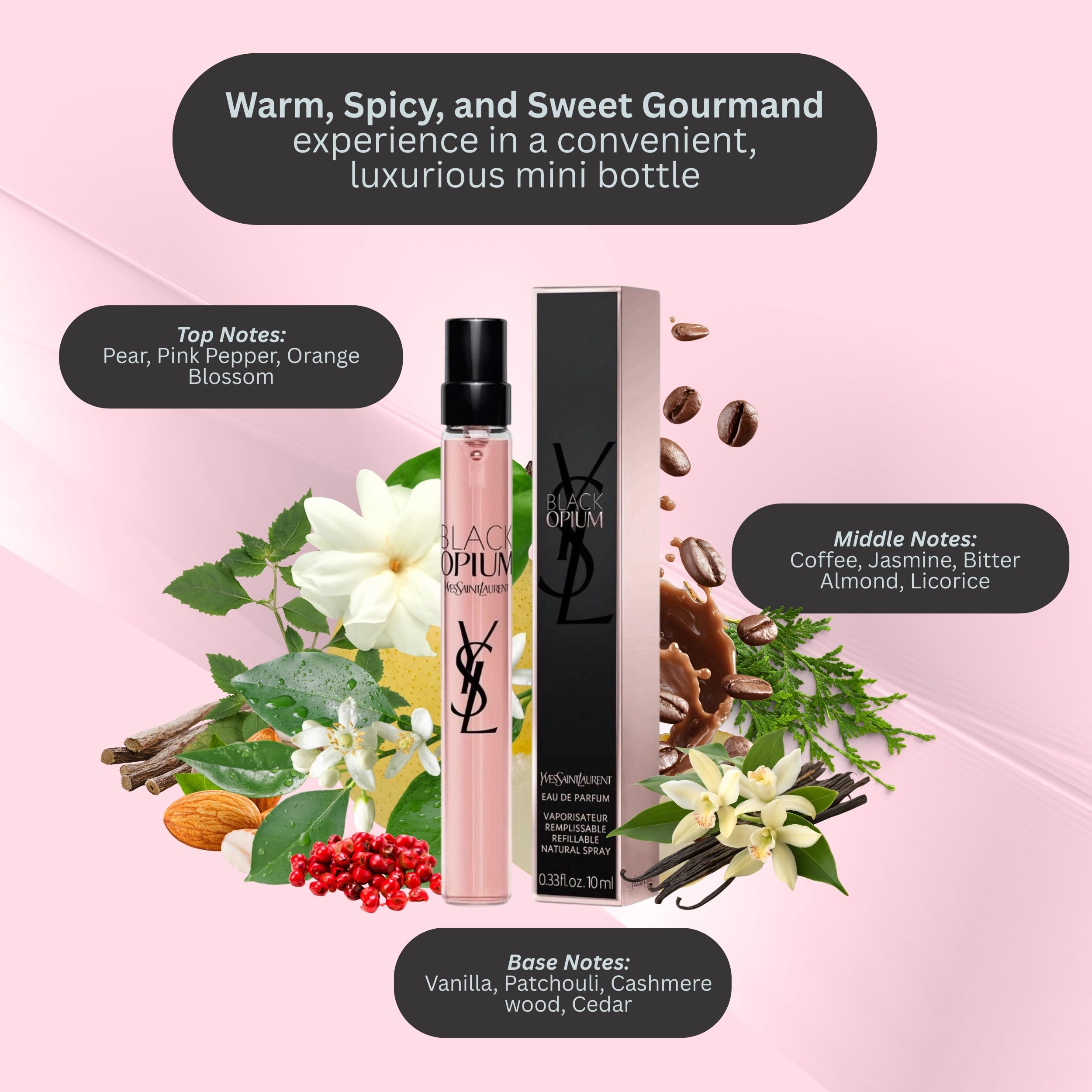 Authentic Yves Saint Laurent Black Opium purse spray showcasing the compact size for travel.