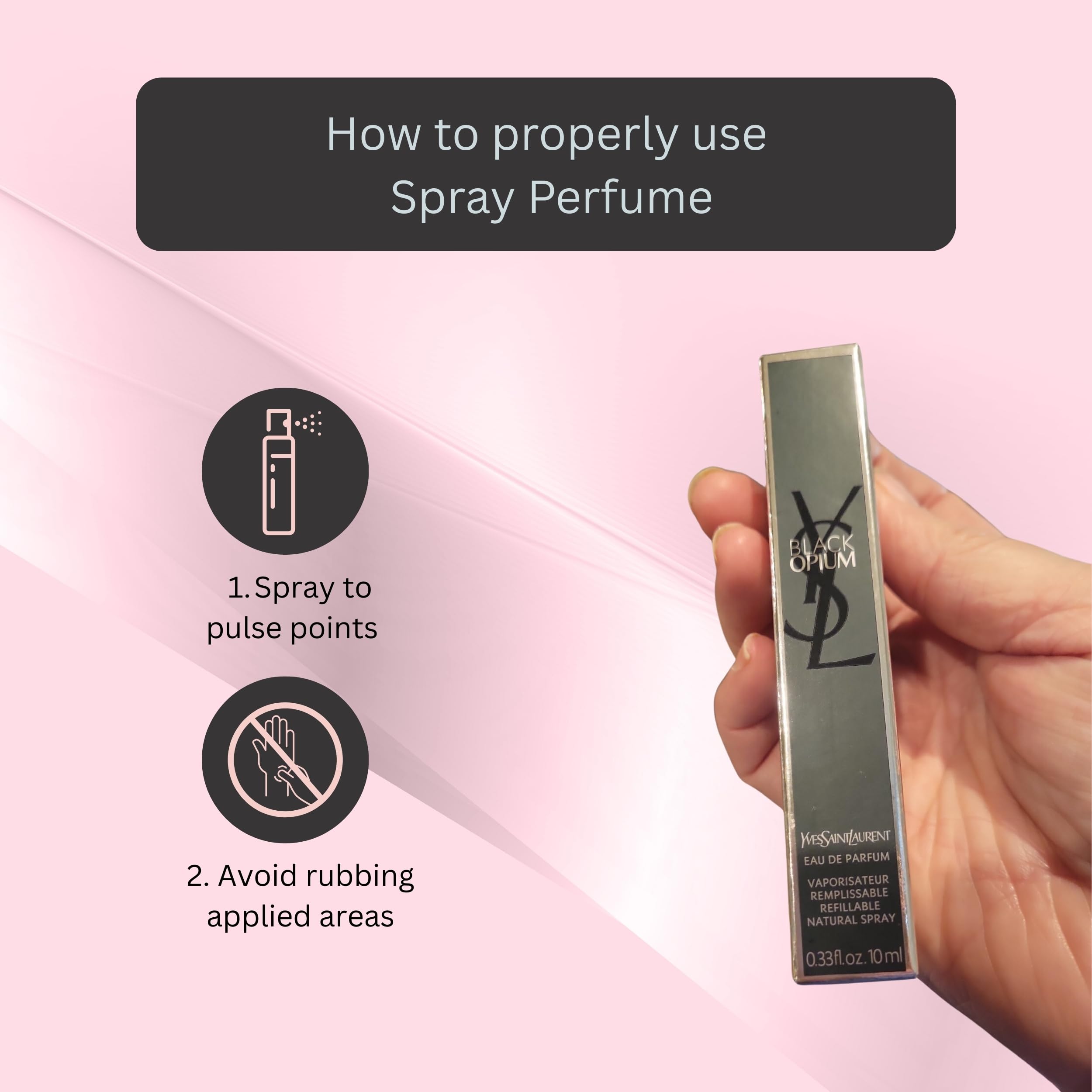 Side angle view of the luxury imported YSL Black Opium Eau de Parfum travel size women's fragrance.