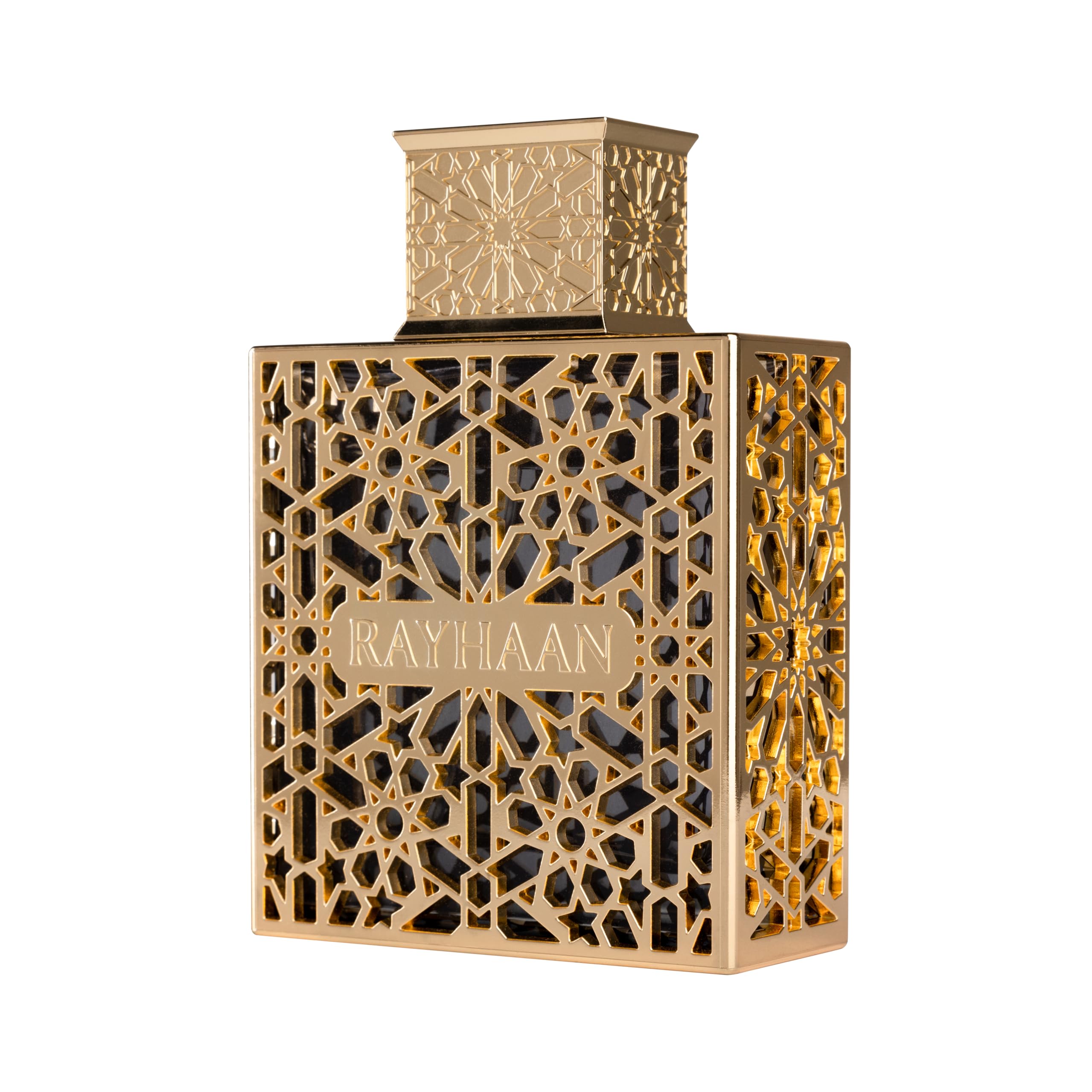 Rayhaan Elixir aromatic amber woody unisex fragrance spray close up view highlighting the detailed gold packaging.