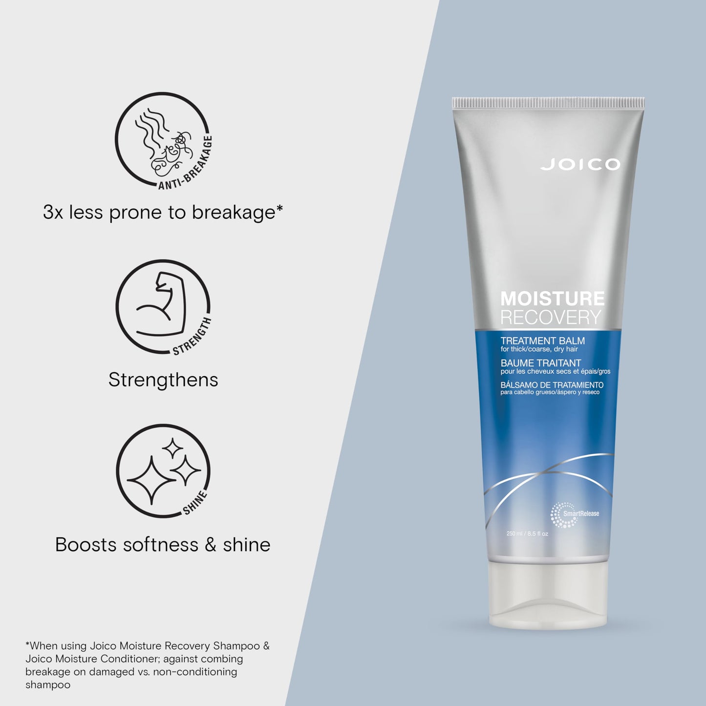 Close up shot of Joico deep hydration hair balm packaging emphasizing the 80 percent breakage reduction feature