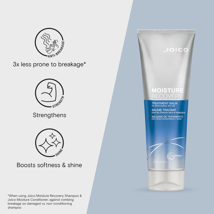 Close up shot of Joico deep hydration hair balm packaging emphasizing the 80 percent breakage reduction feature