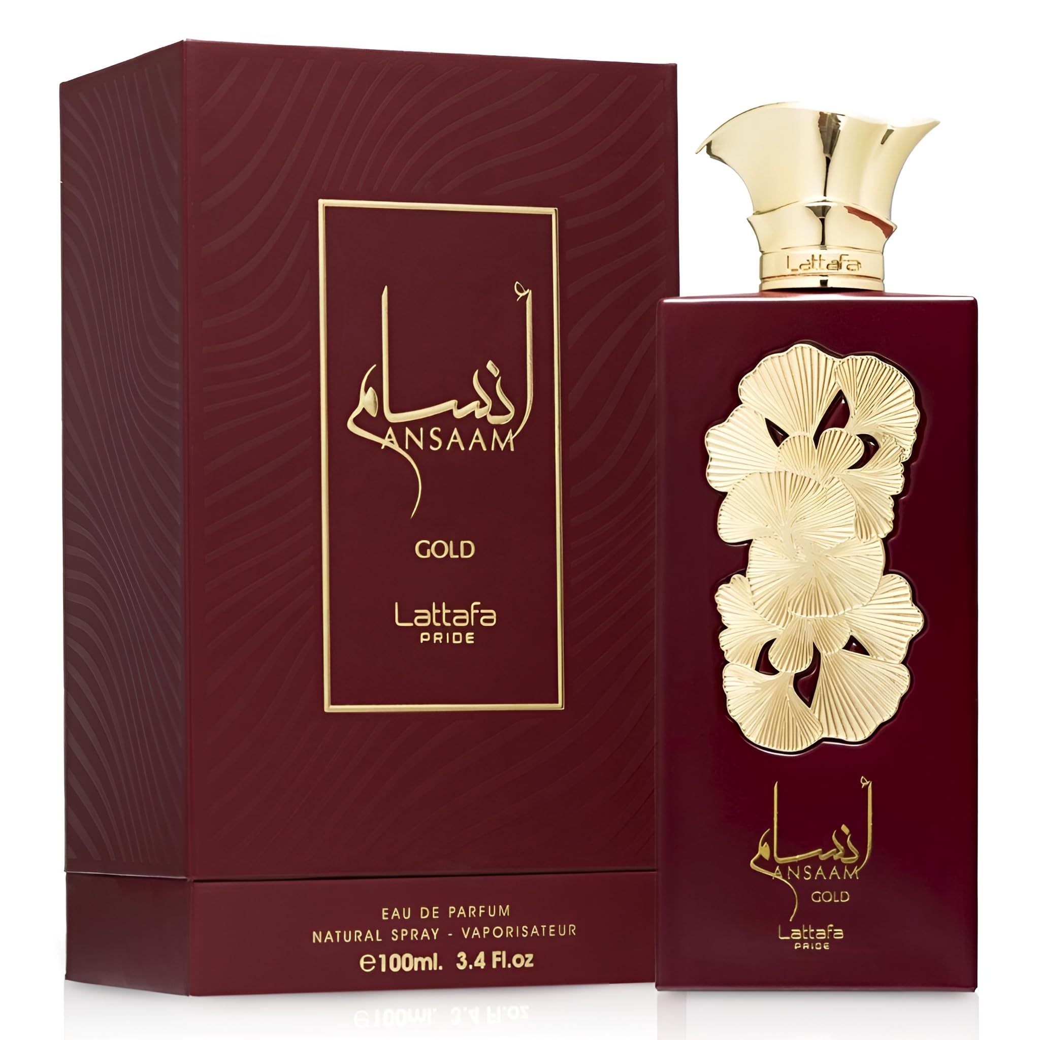 Lattafa Pride Ansaam Gold premium unisex fragrance burgundy bottle with gold details