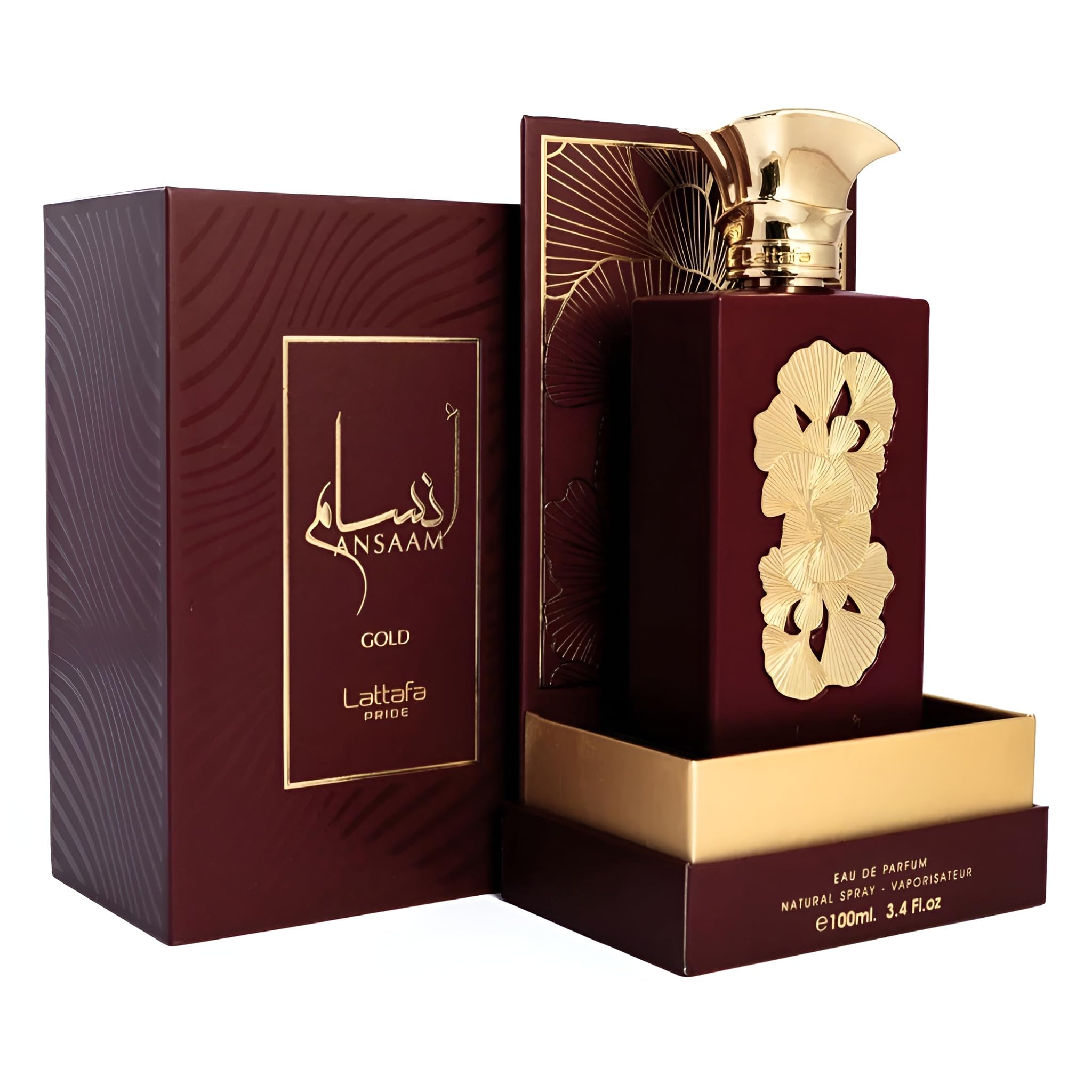 Lattafa Pride Ansaam Gold luxury perfume packaging box and bottle setup