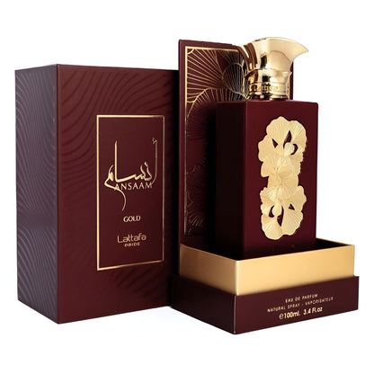 Lattafa Pride Ansaam Gold luxury perfume packaging box and bottle setup