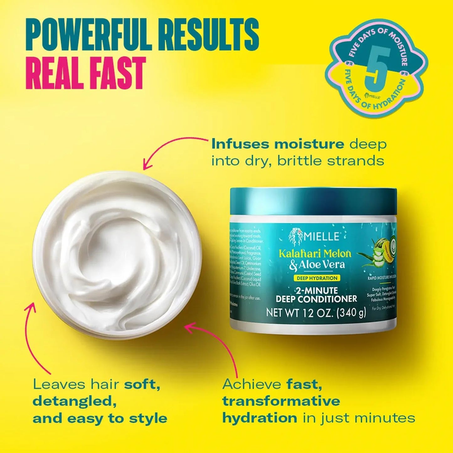 Back label of Mielle Kalahari Melon and Aloe Vera Deep Conditioner showing directions and ingredients.