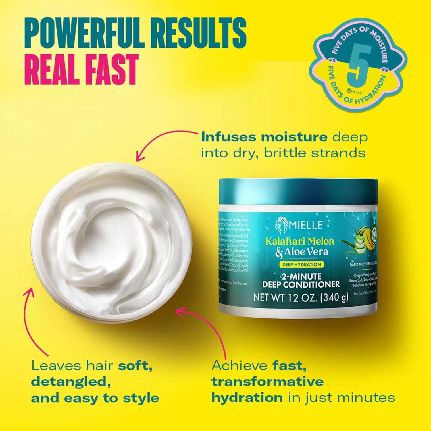 Back label of Mielle Kalahari Melon and Aloe Vera Deep Conditioner showing directions and ingredients.