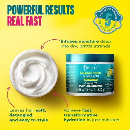 Back label of Mielle Kalahari Melon and Aloe Vera Deep Conditioner showing directions and ingredients.