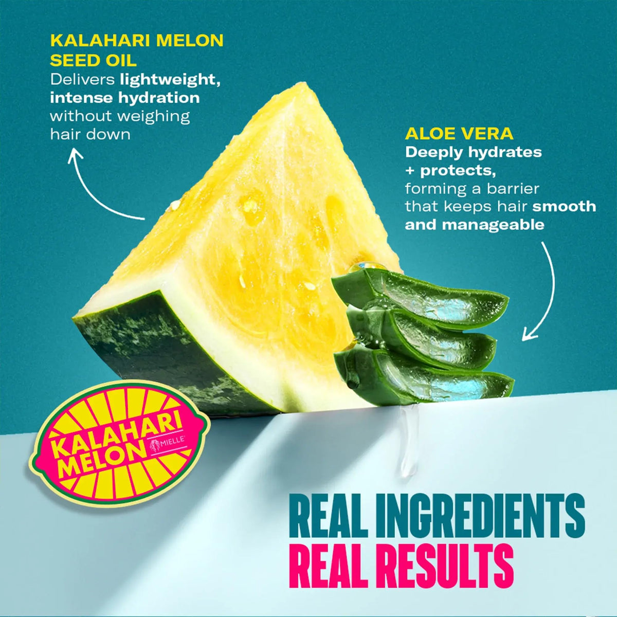 Mielle Organics deep conditioner jar placed next to natural aloe and melon elements
