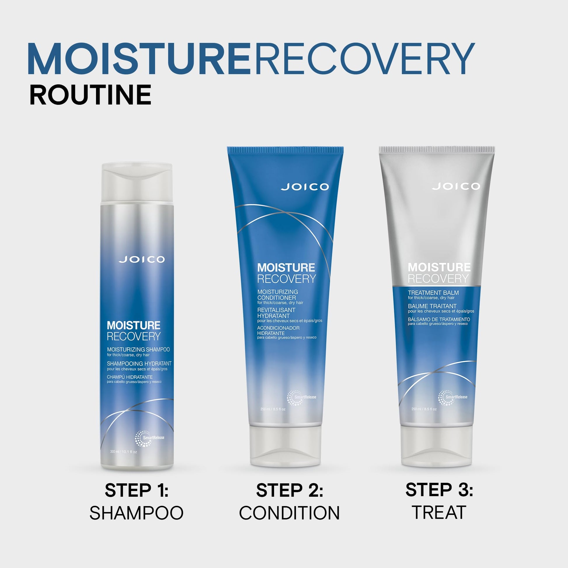 Full collection view of the Joico hair care range including the 250 milliliters moisture recovery balm tube